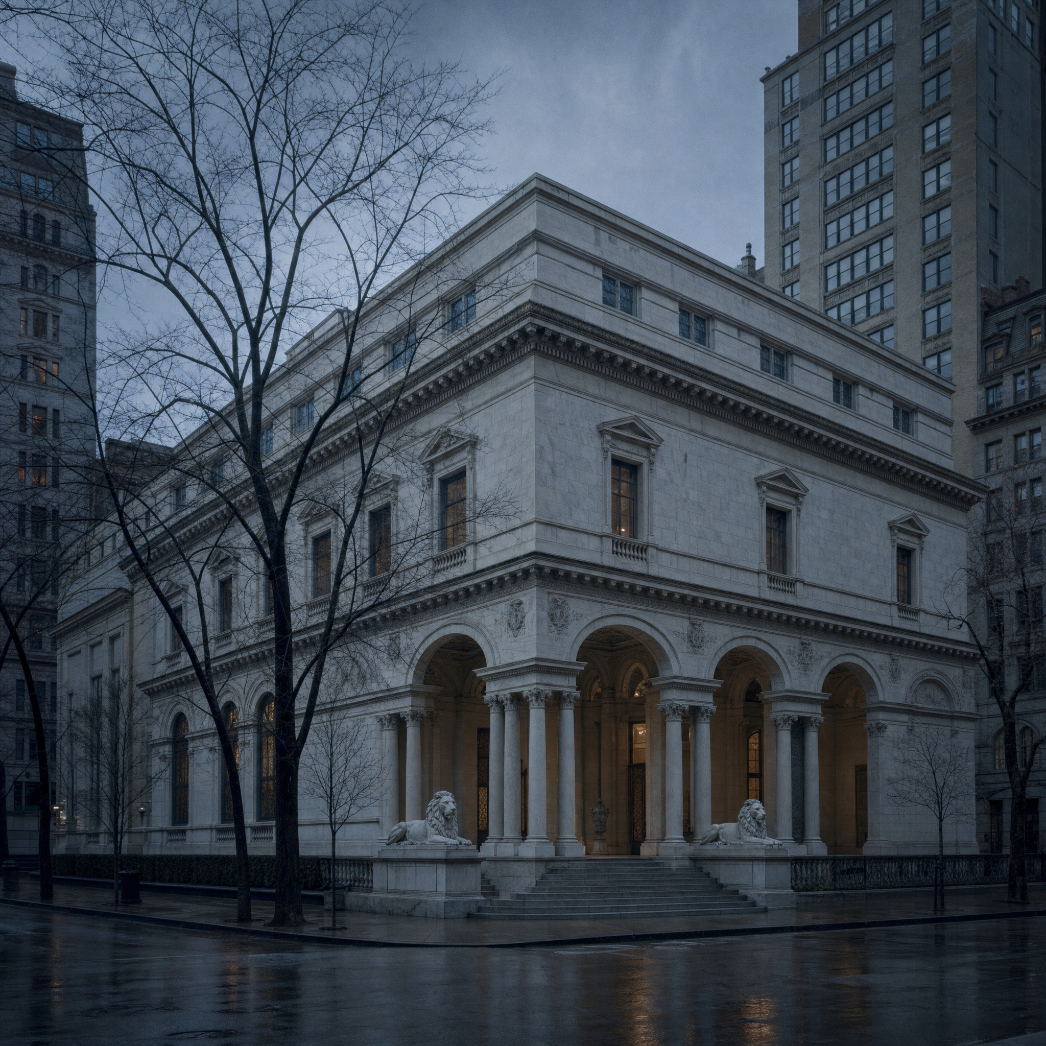 The marble exterior of the 1906 library on a Manhattan corner at dusk