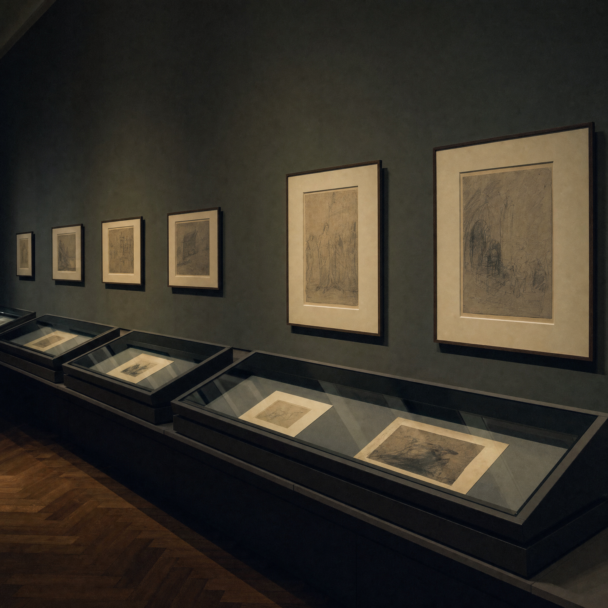 A dim print room with shallow glazed cases of old master drawings in cream mounts