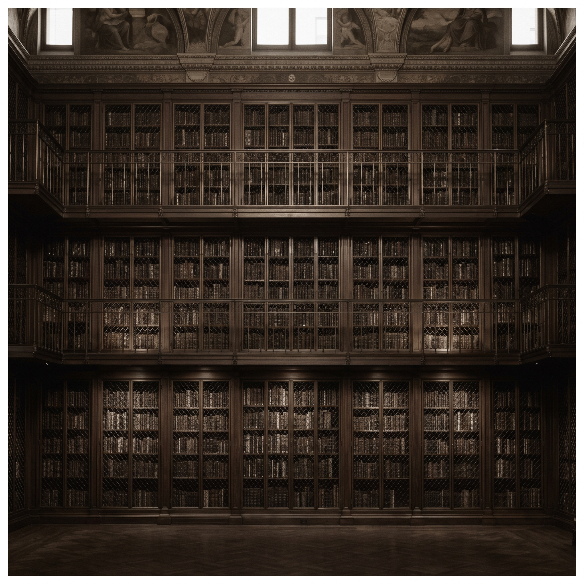 Three tiers of walnut bookcases behind bronze grilles under a painted ceiling