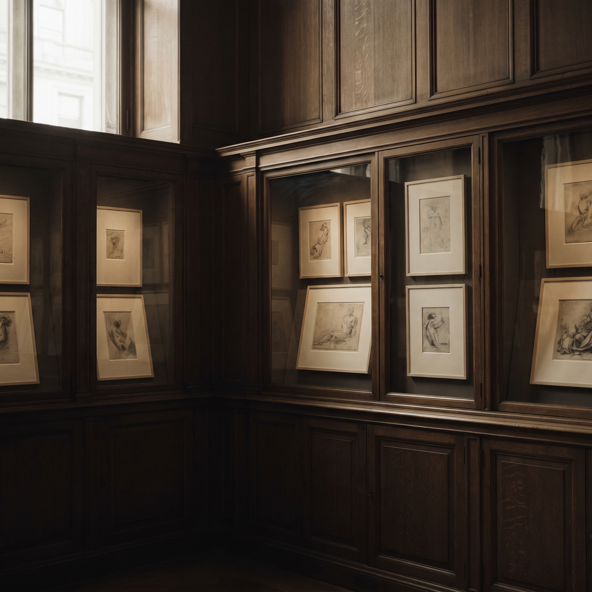 Drawings in cream mounts under glass in a dim gallery