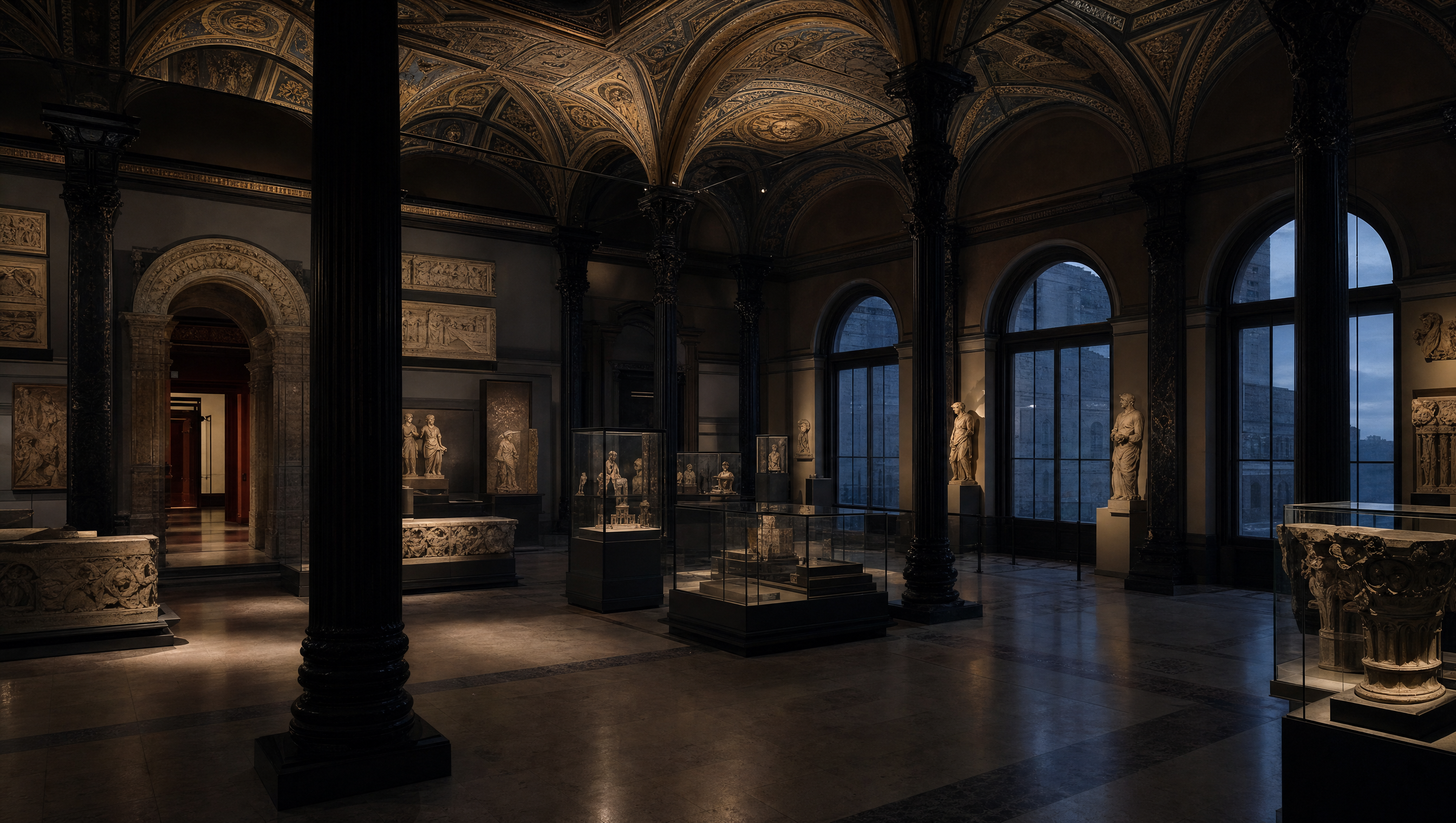 A restored nineteenth-century gallery interior with columns, vitrines and a painted ceiling
