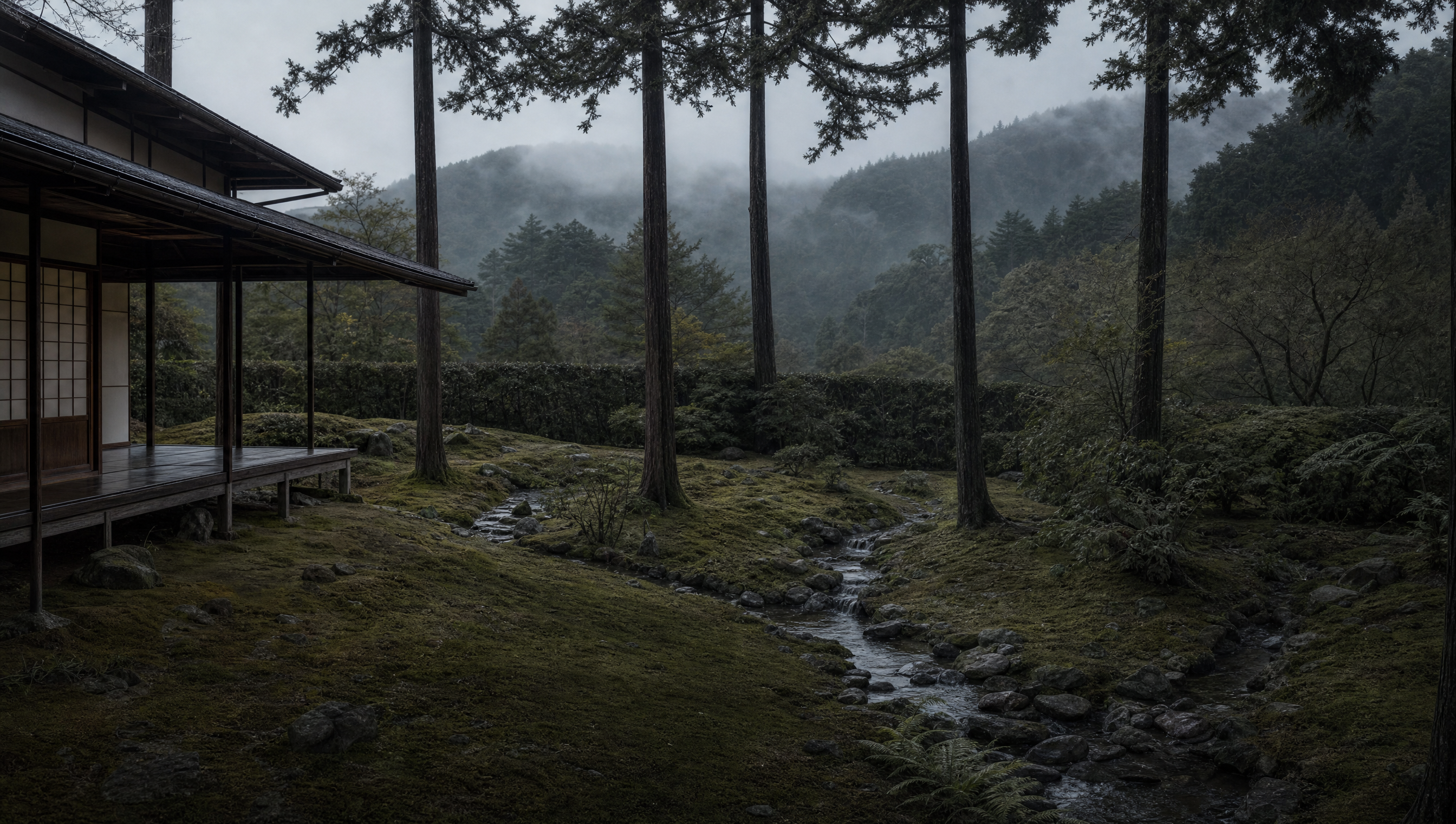The lawn, streams and firs of the Murin-an garden with the Higashiyama beyond
