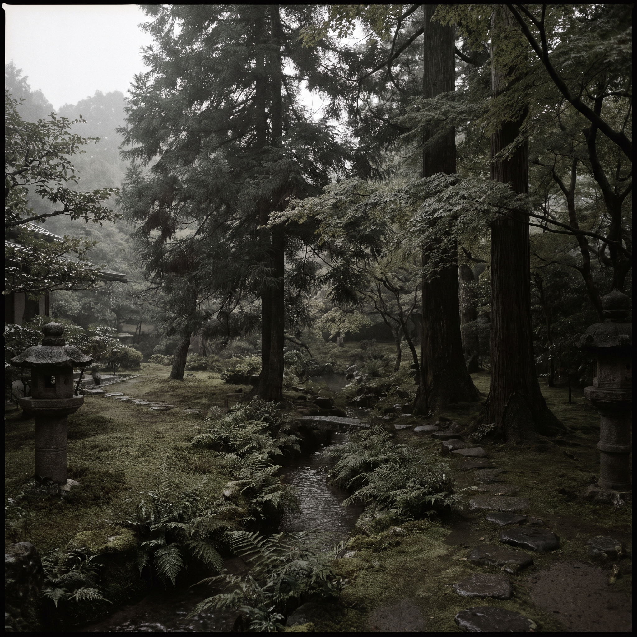 Moss, fern and running water under the firs