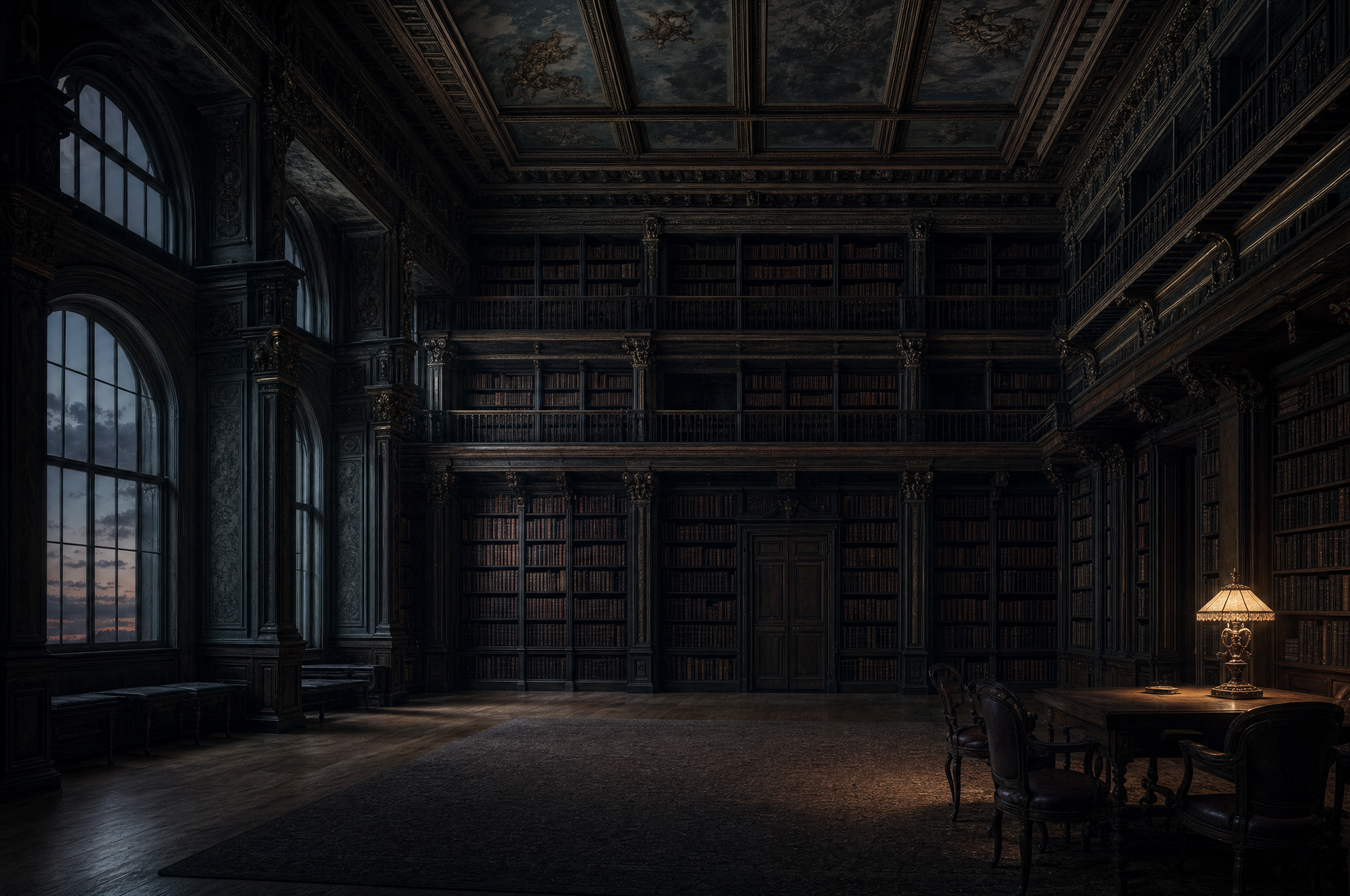 An empty library room at dusk with three tiers of dark wood shelving and a painted ceiling