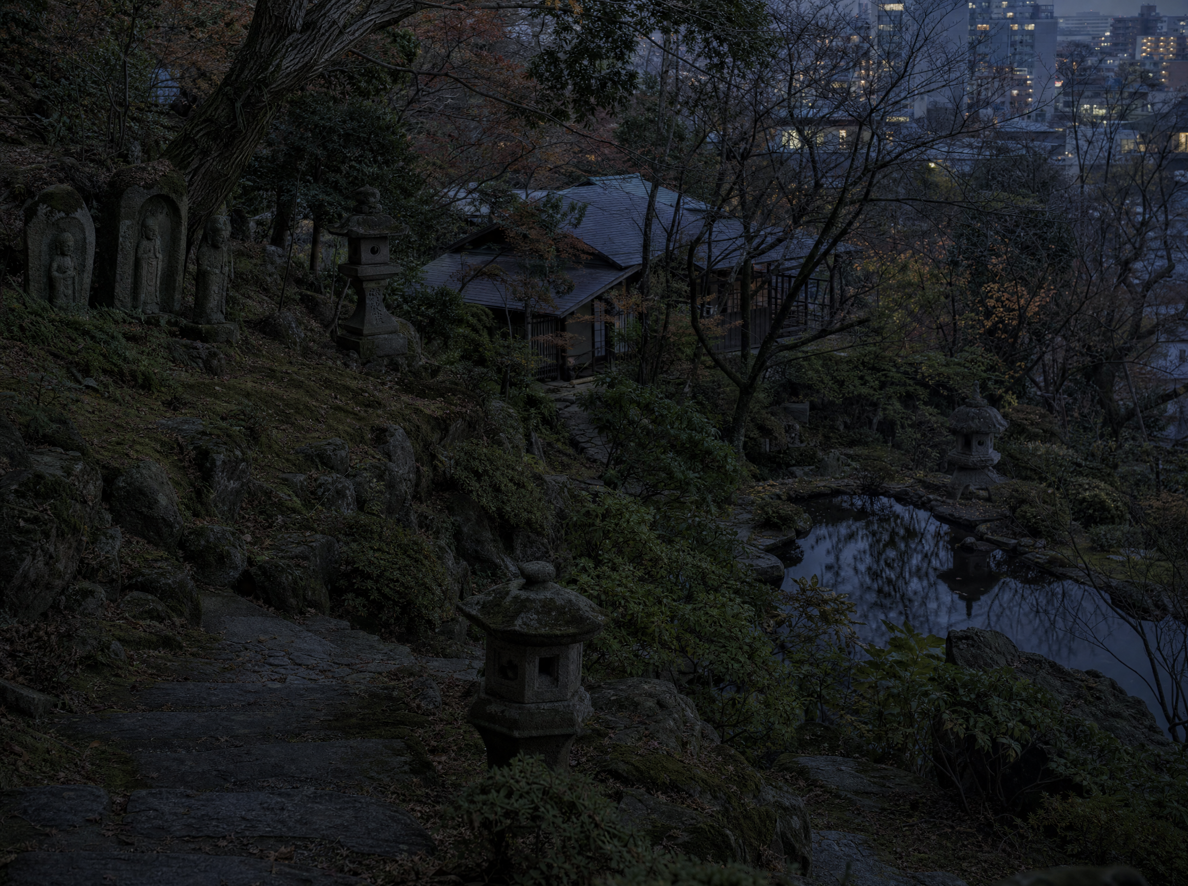 The hillside garden below the galleries: moss, stone lanterns and a teahouse roof among maples