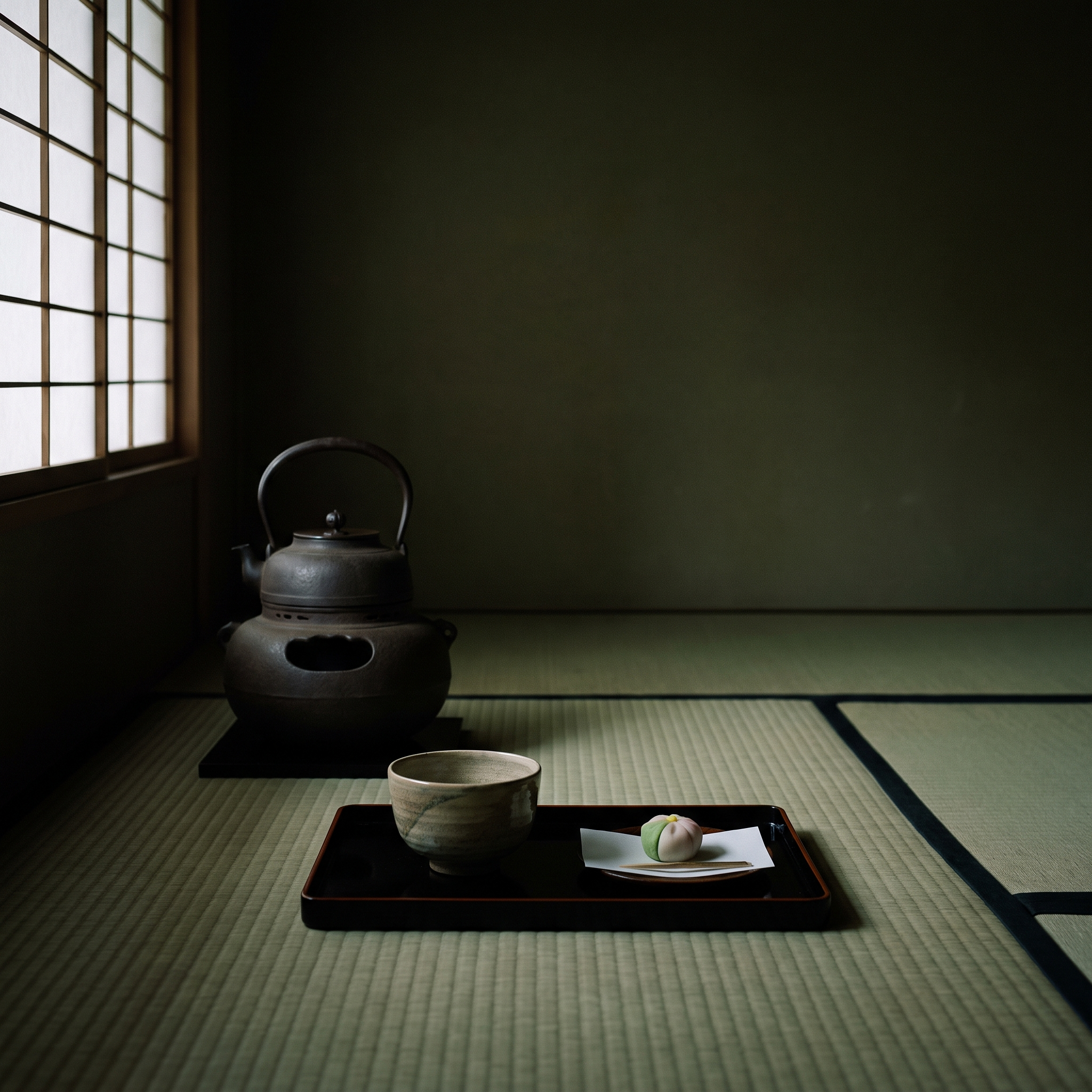 Kettle, bowl and sweet on the tea table
