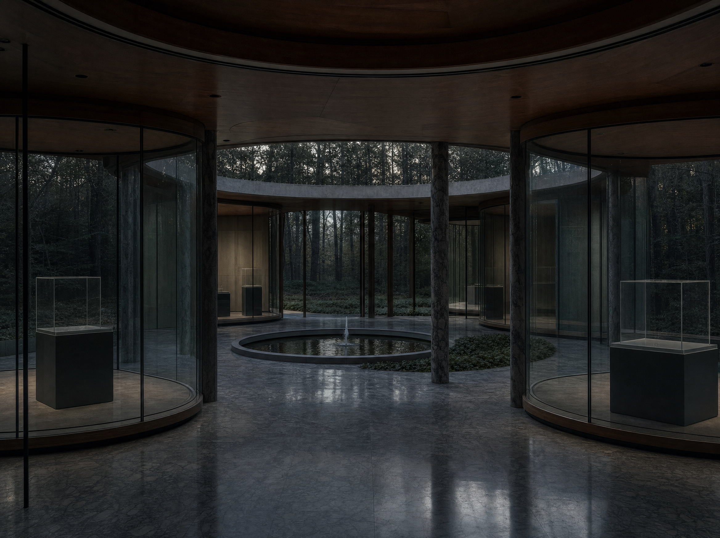 The interior of a modernist glass pavilion: circular rooms with curved glass walls, marble columns and an open courtyard