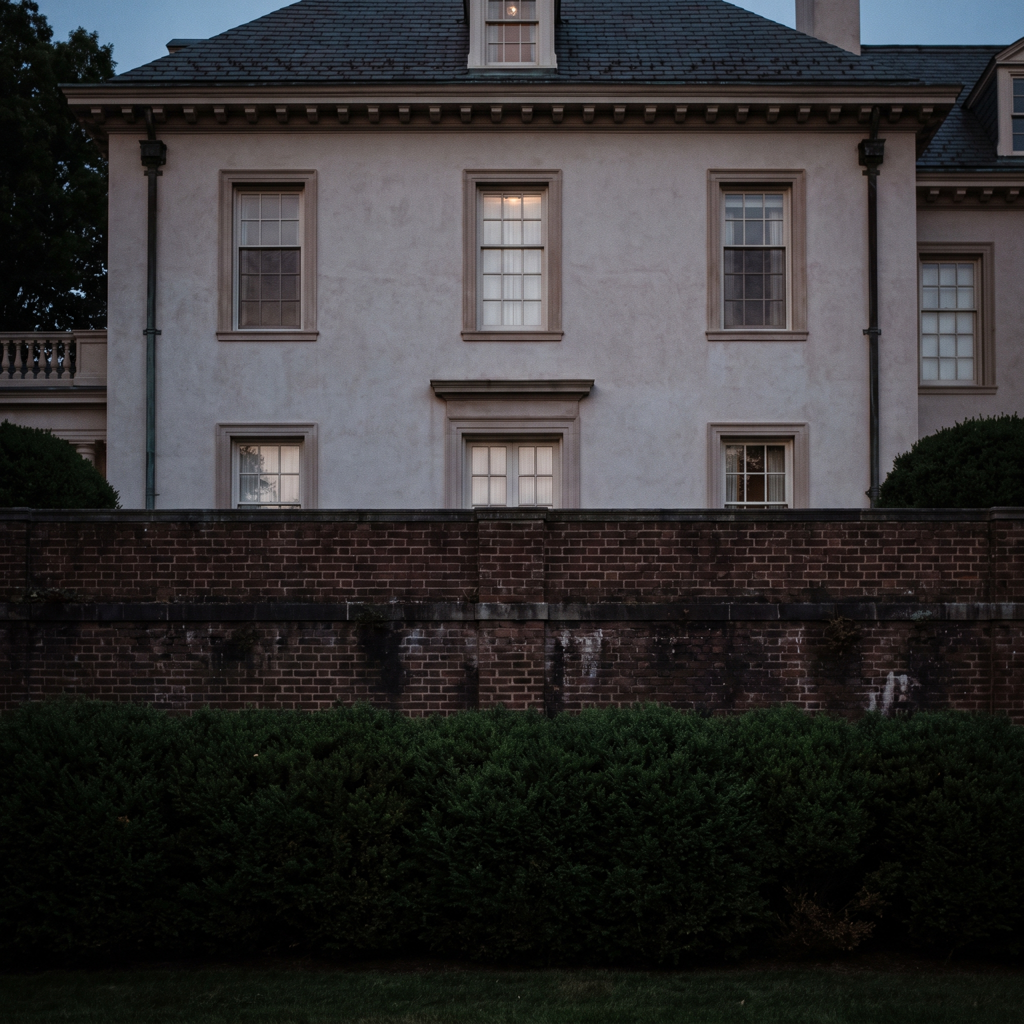 The pale rendered house above its brick wall and clipped hedging at dusk