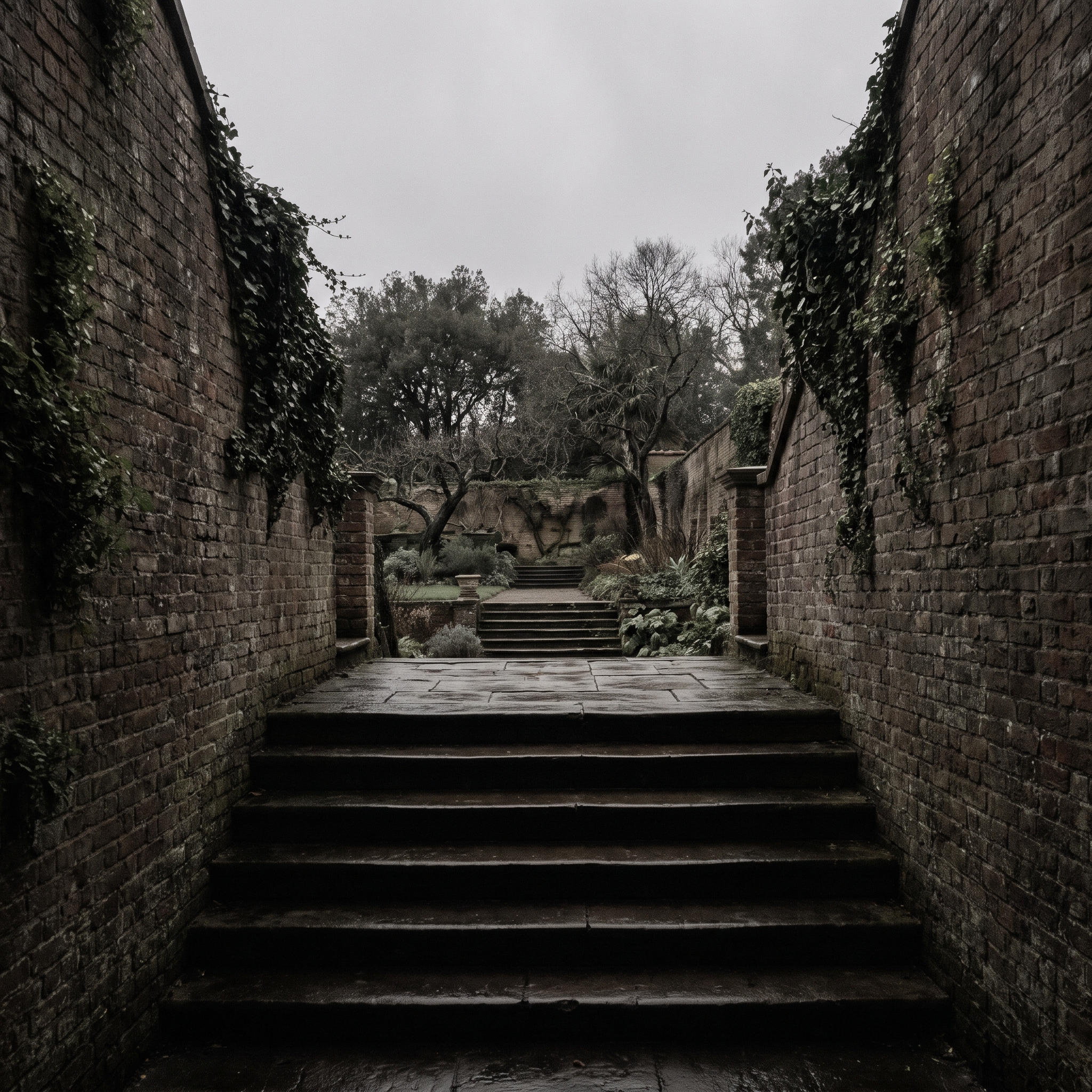 Worn stone steps between high brick walls dropping to the next garden terrace