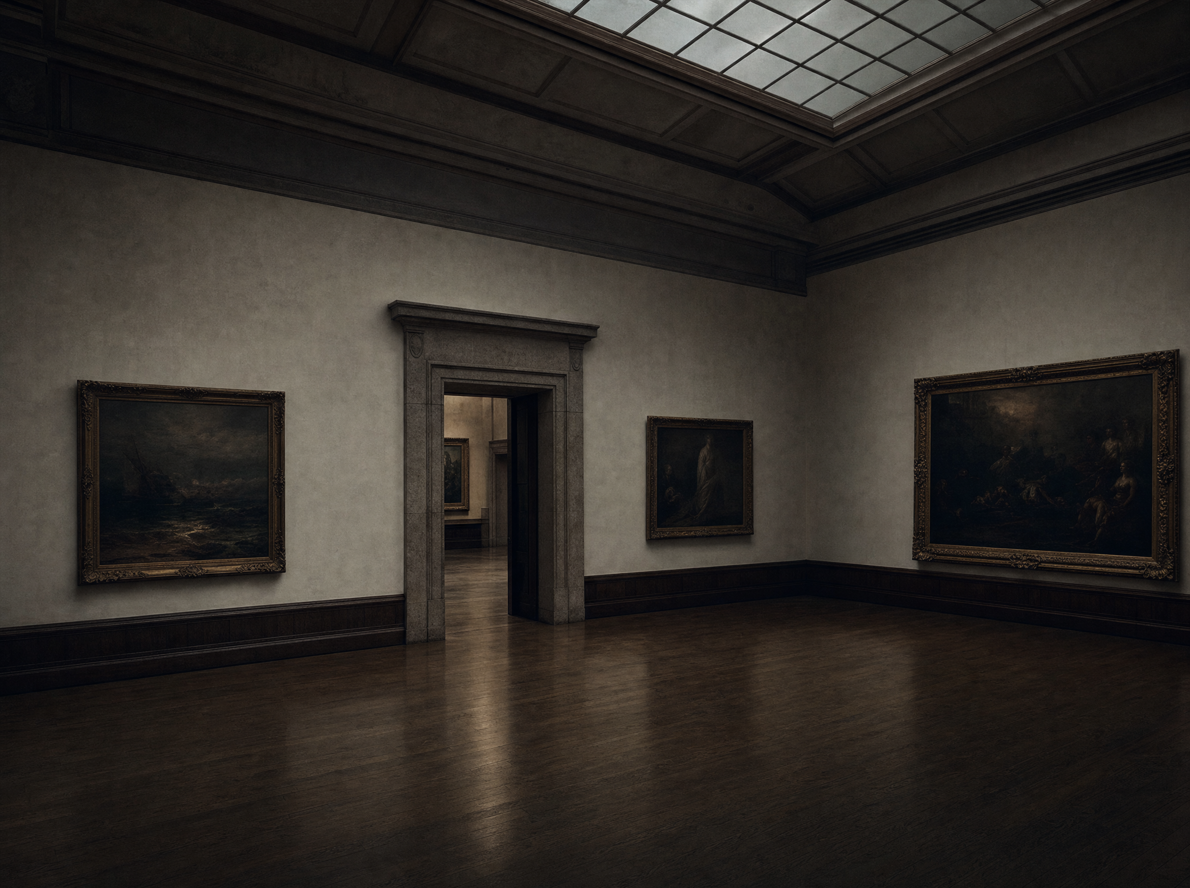 The main gallery: pale plaster walls, a shallow skylight, dark paintings in gilt frames hung well apart