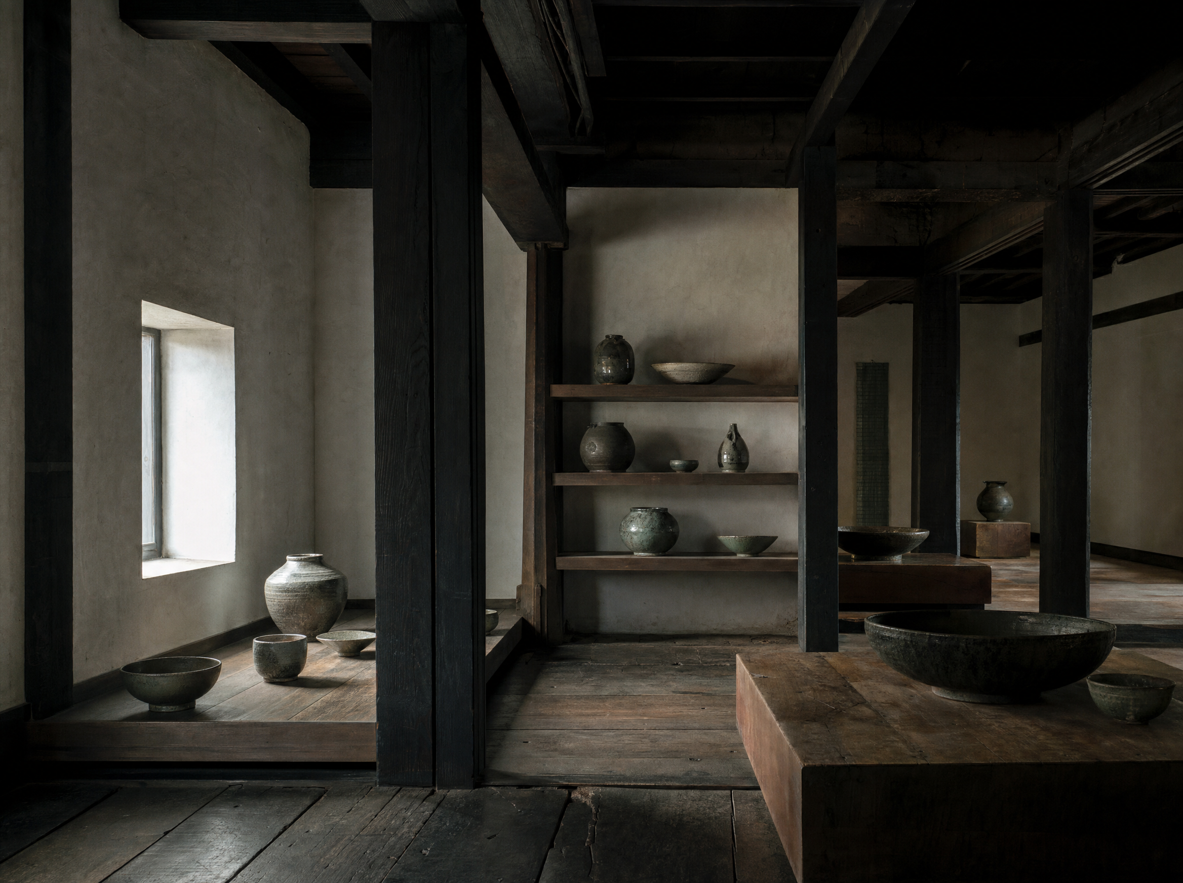 The craft wing inside a converted Edo rice storehouse: white plaster, blackened beams, stoneware on plain shelves