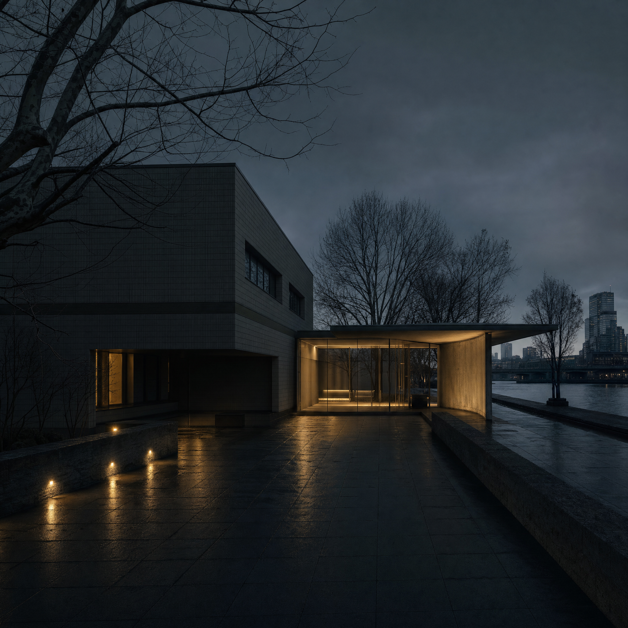 The low tile-clad museum on Nakanoshima at blue hour, its glass entrance pavilion lit from within