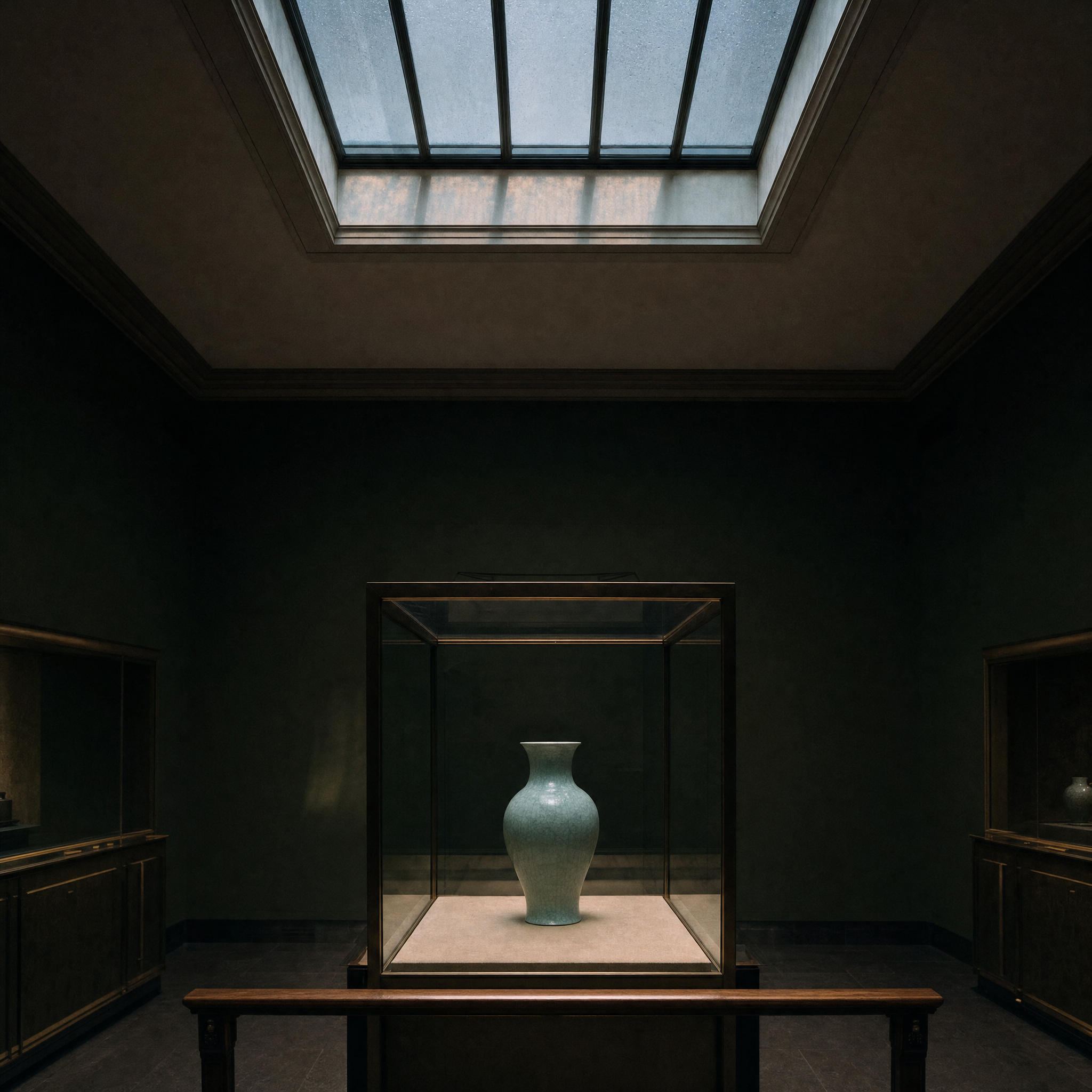 A celadon vase alone in a glass case beneath a skylight, lit by daylight only