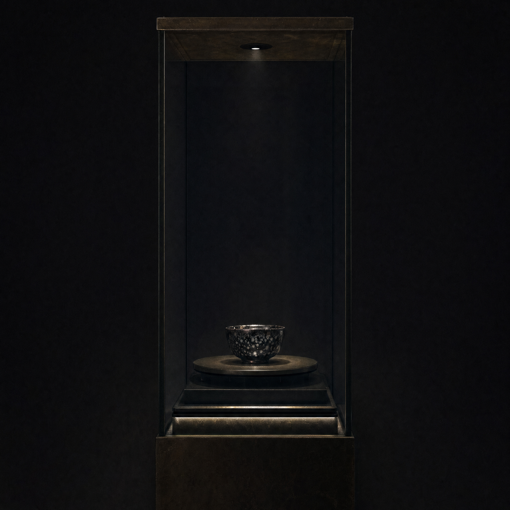 A black tea bowl with silvery oil-spot glaze alone on a turntable in a tall case in a dark room