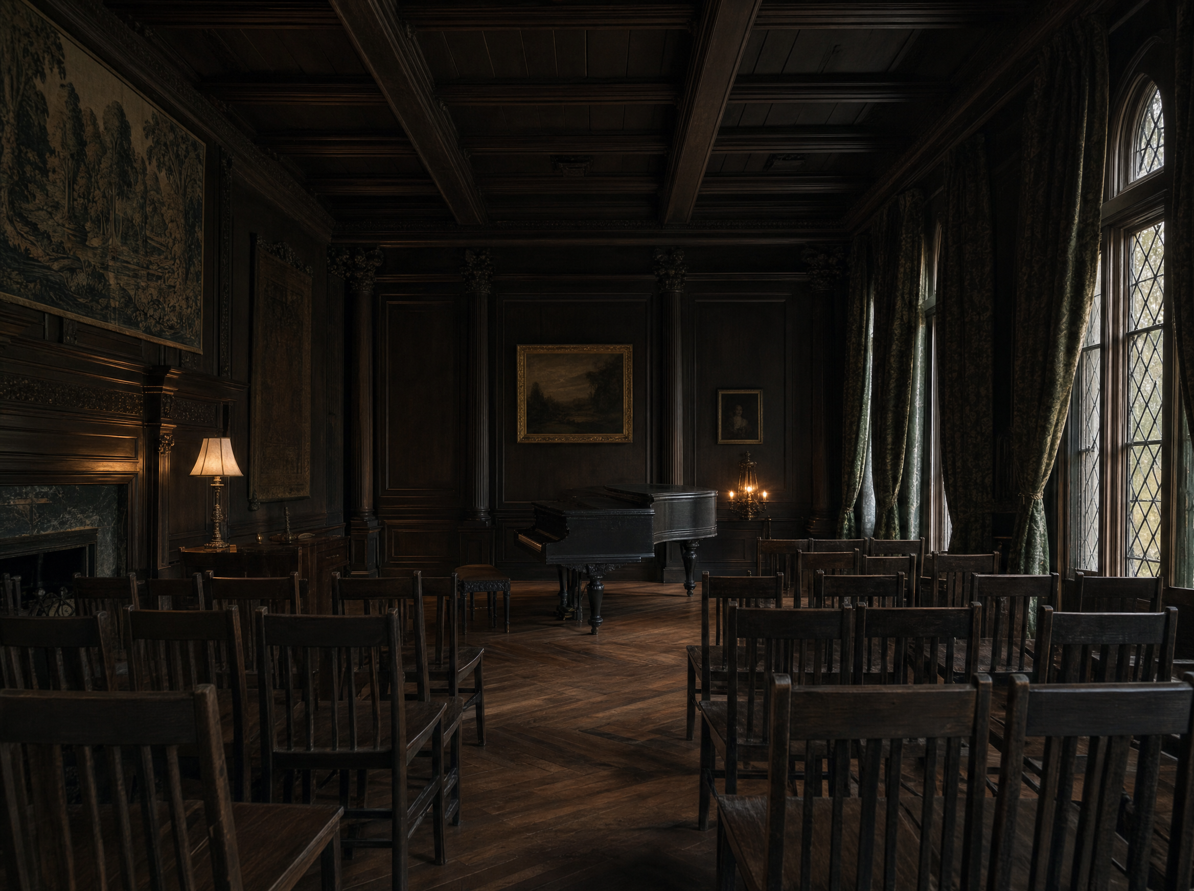 An oak-panelled music room with a beamed ceiling, parquet floor and rows of plain wooden chairs