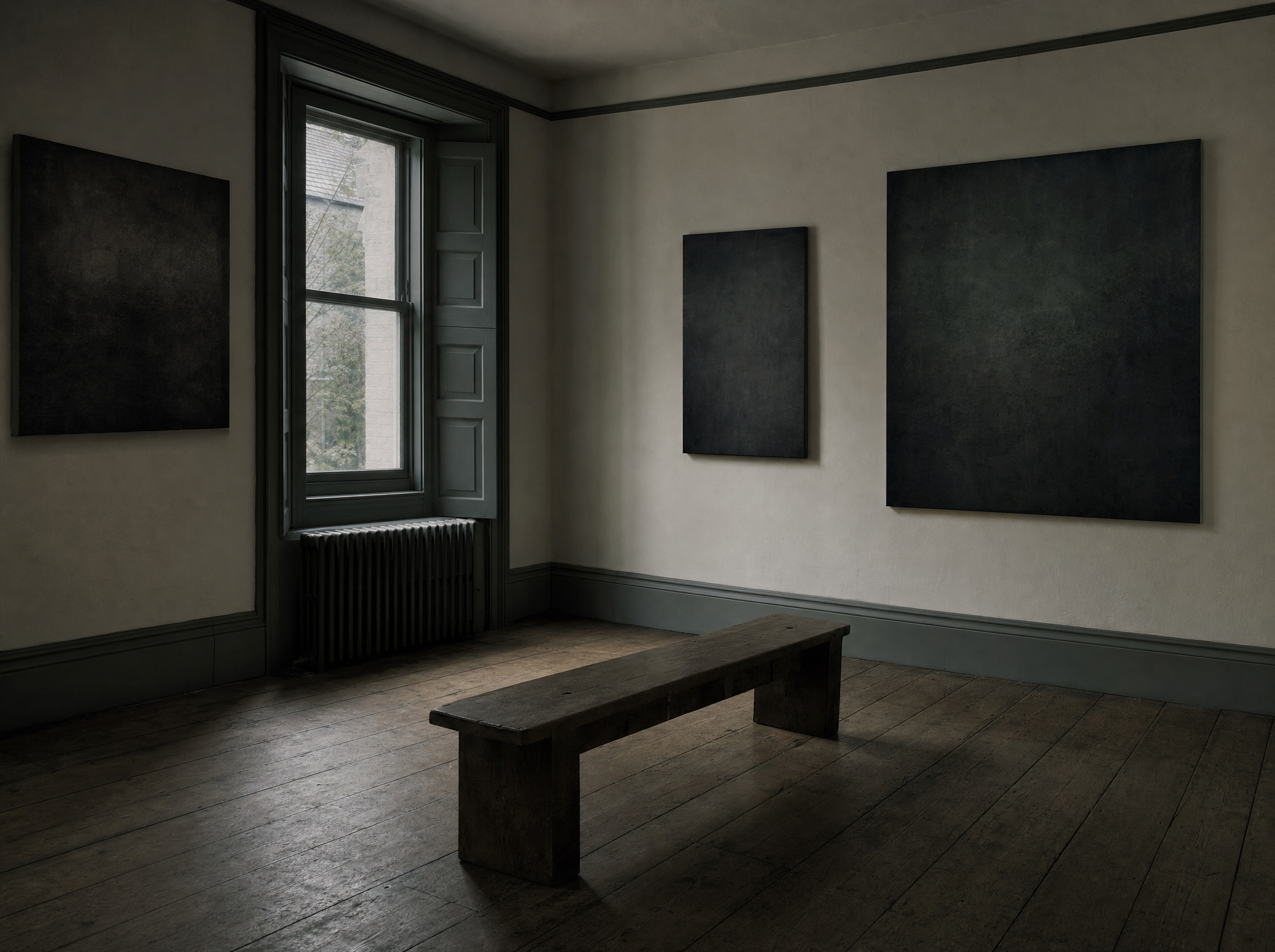 A small domestic gallery room with a wooden floor, a window under the picture rail and a single plain bench