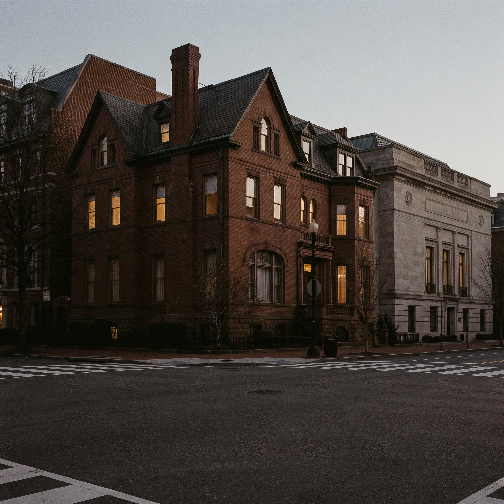 The brick house and its limestone gallery wing seen from the street corner at dusk