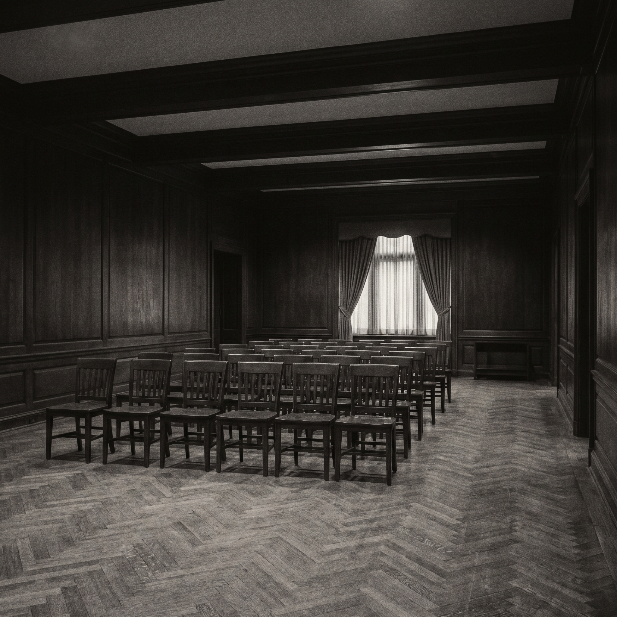 Chairs set out on a parquet floor beneath dark panelling and a beamed ceiling