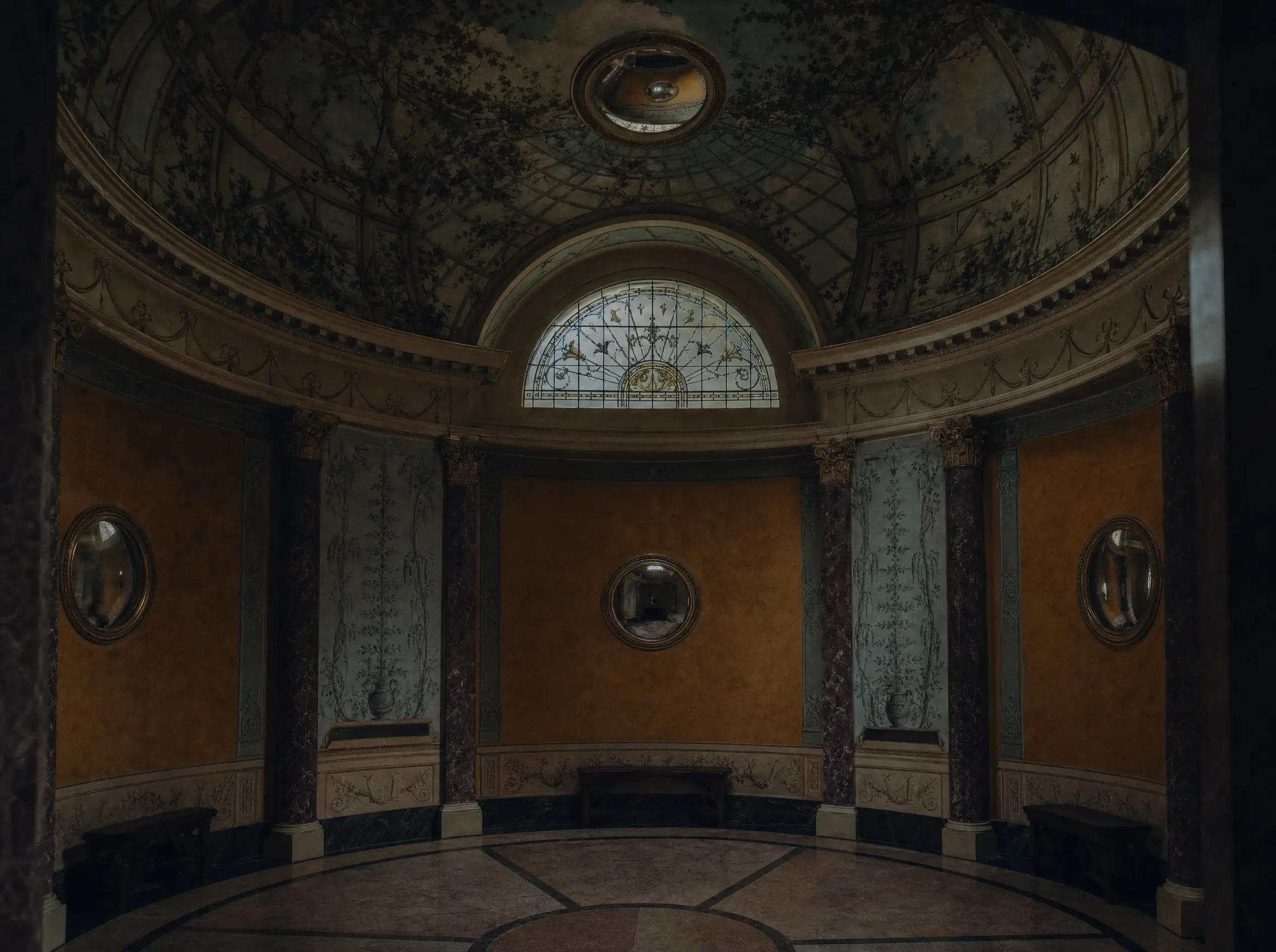 The breakfast room, its shallow canopy ceiling and inset convex mirrors