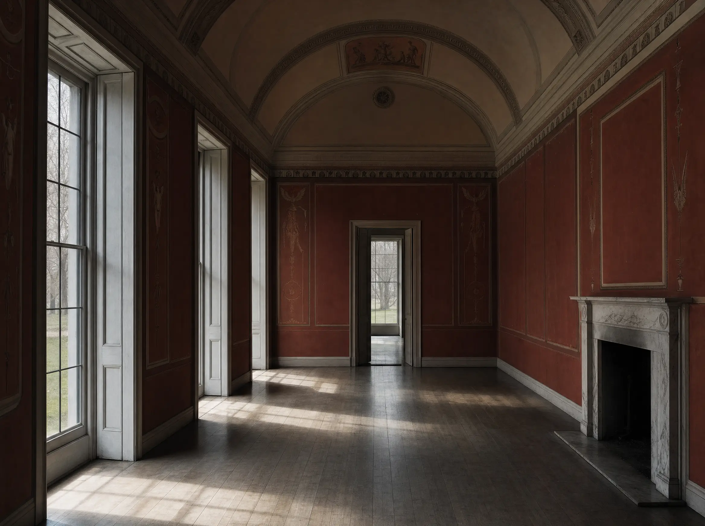 The eating room, tall windows onto the park