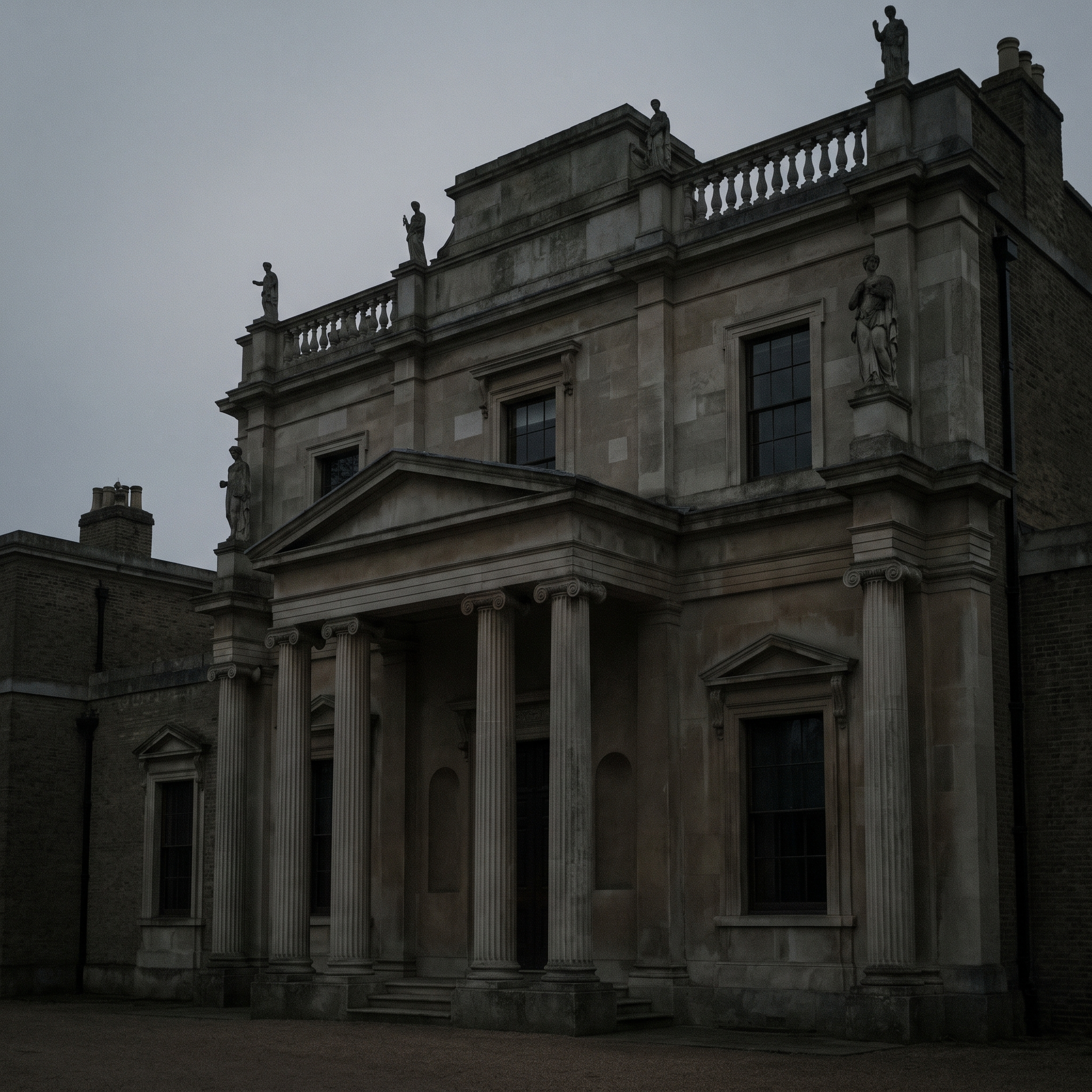 The entrance front and its parapet statues