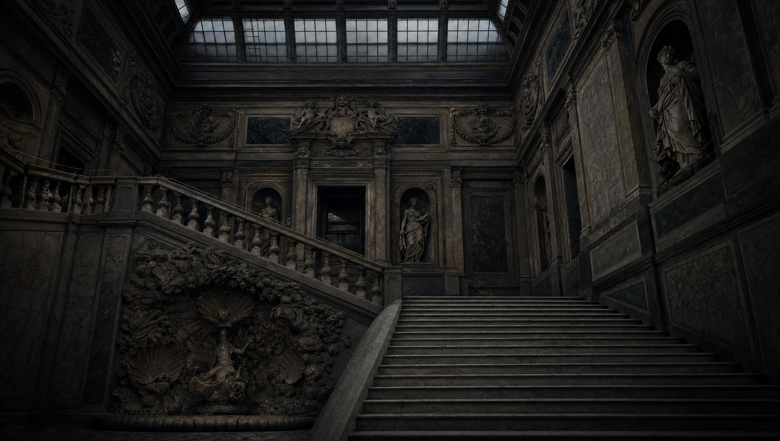 The antique staircase, its wall fountain of rockwork and shells, and the allegorical statues in their niches