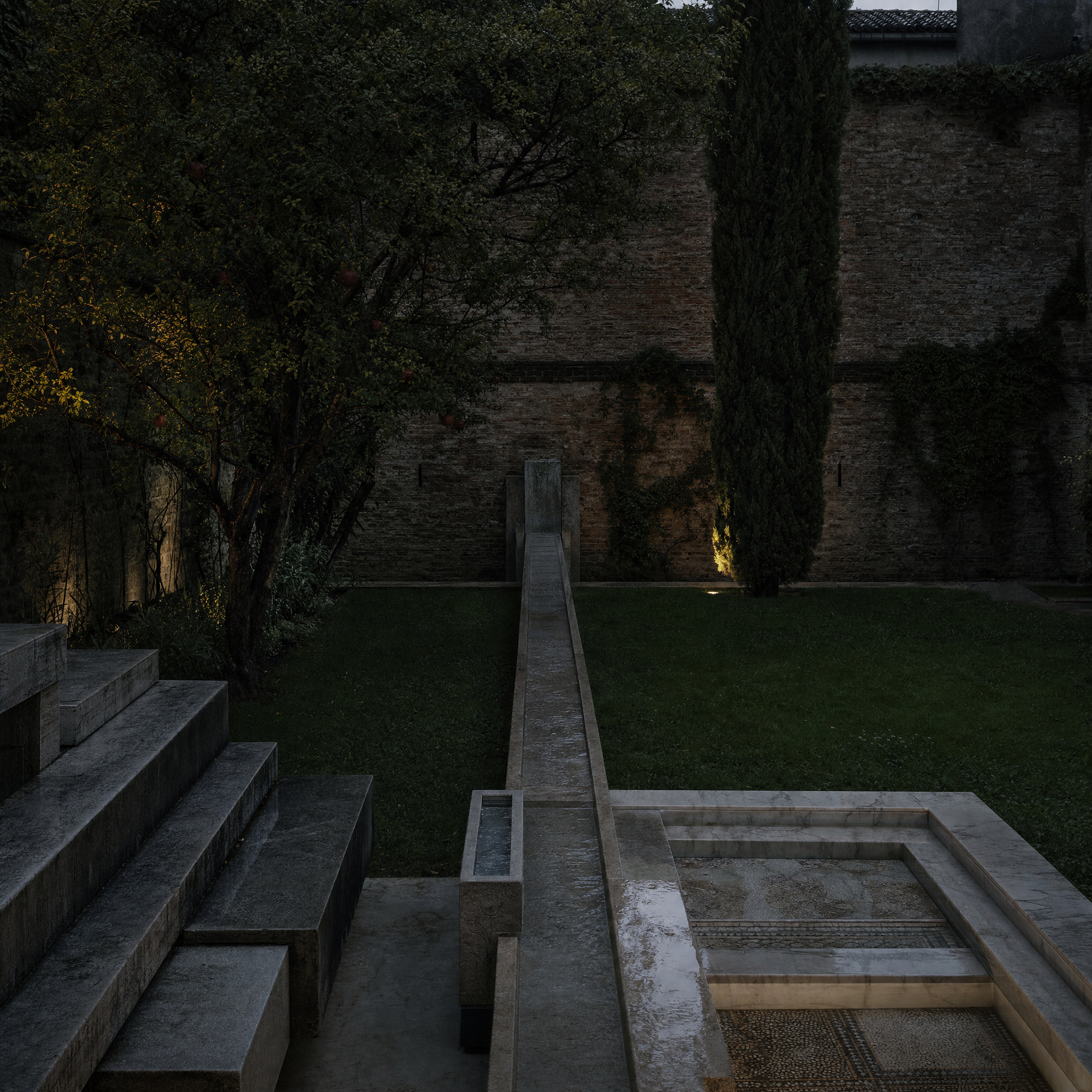 The walled garden with its raised stone water runnel and basin