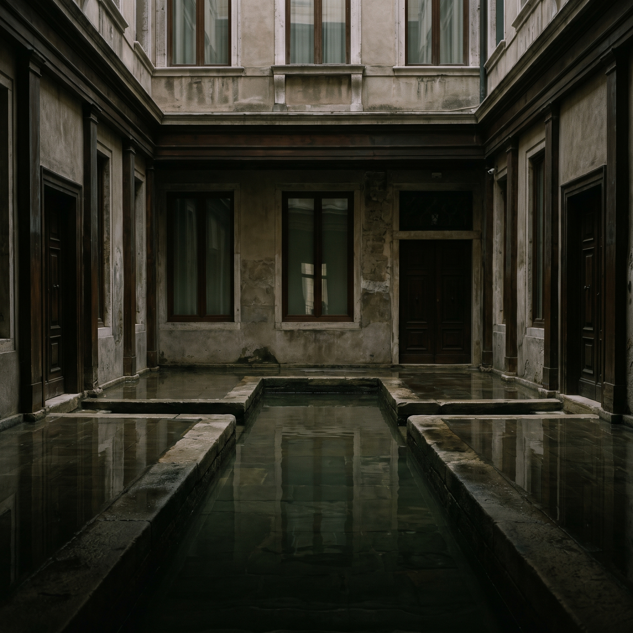 The flooded ground-floor hall, stone channels and teak