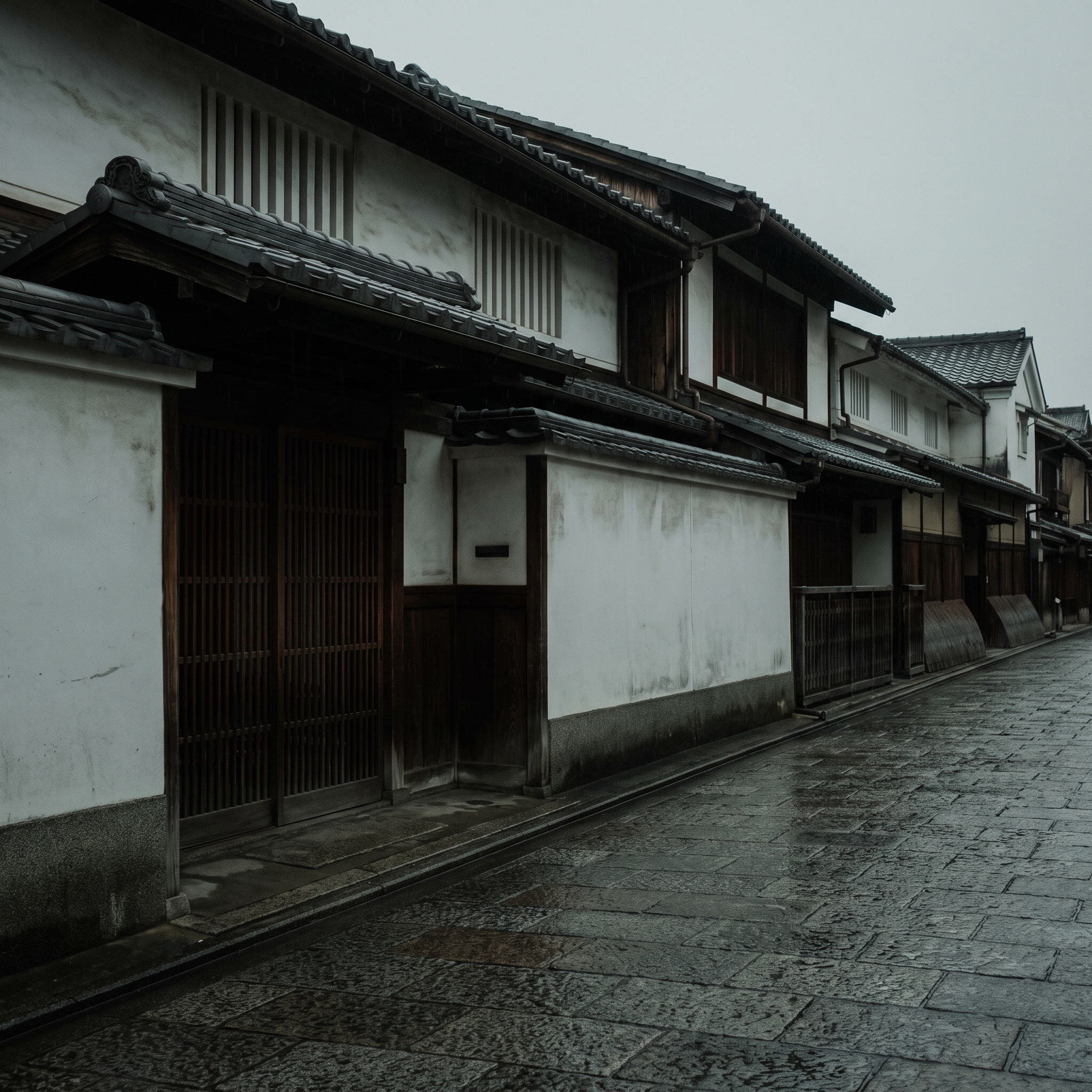 The long white walls and tiled roofs of the family's street
