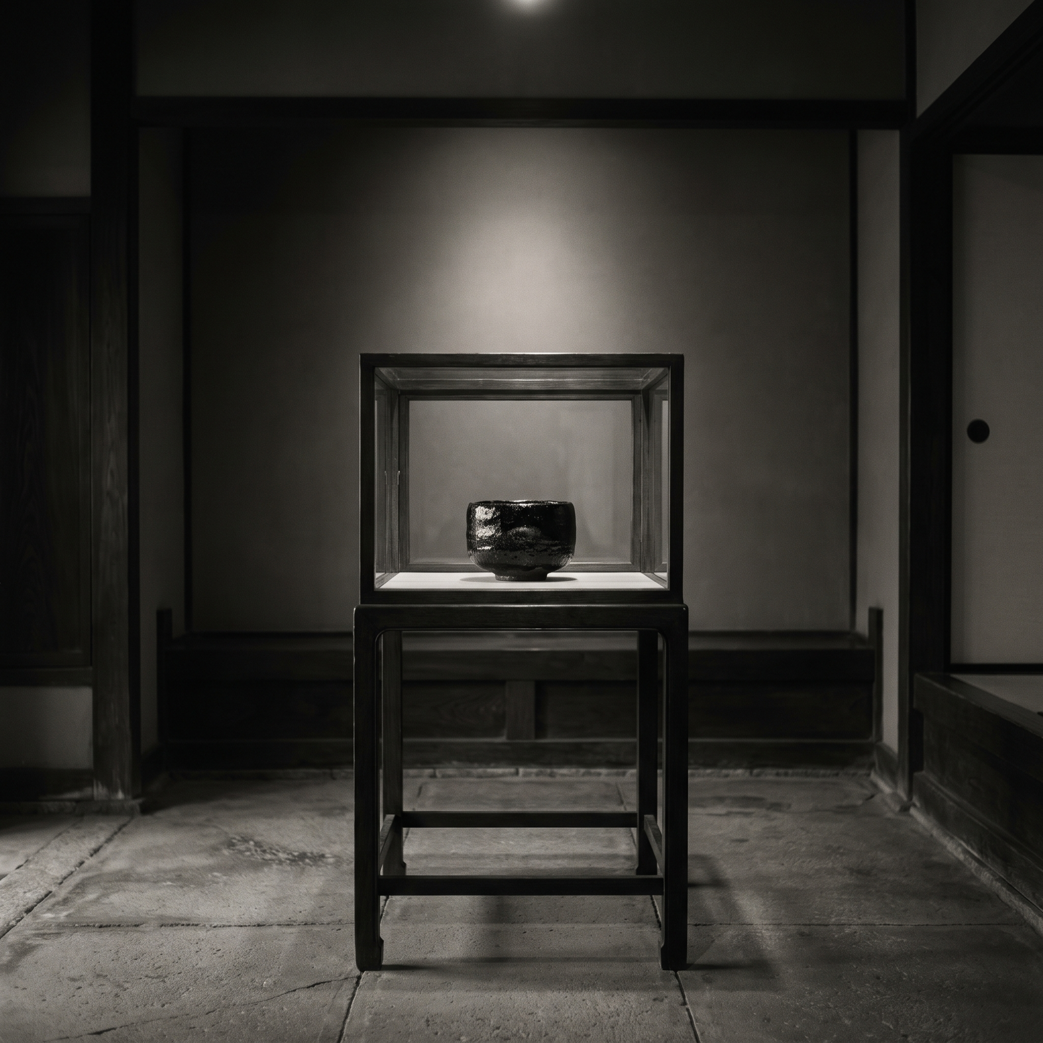 A black tea bowl in a case, lit alone