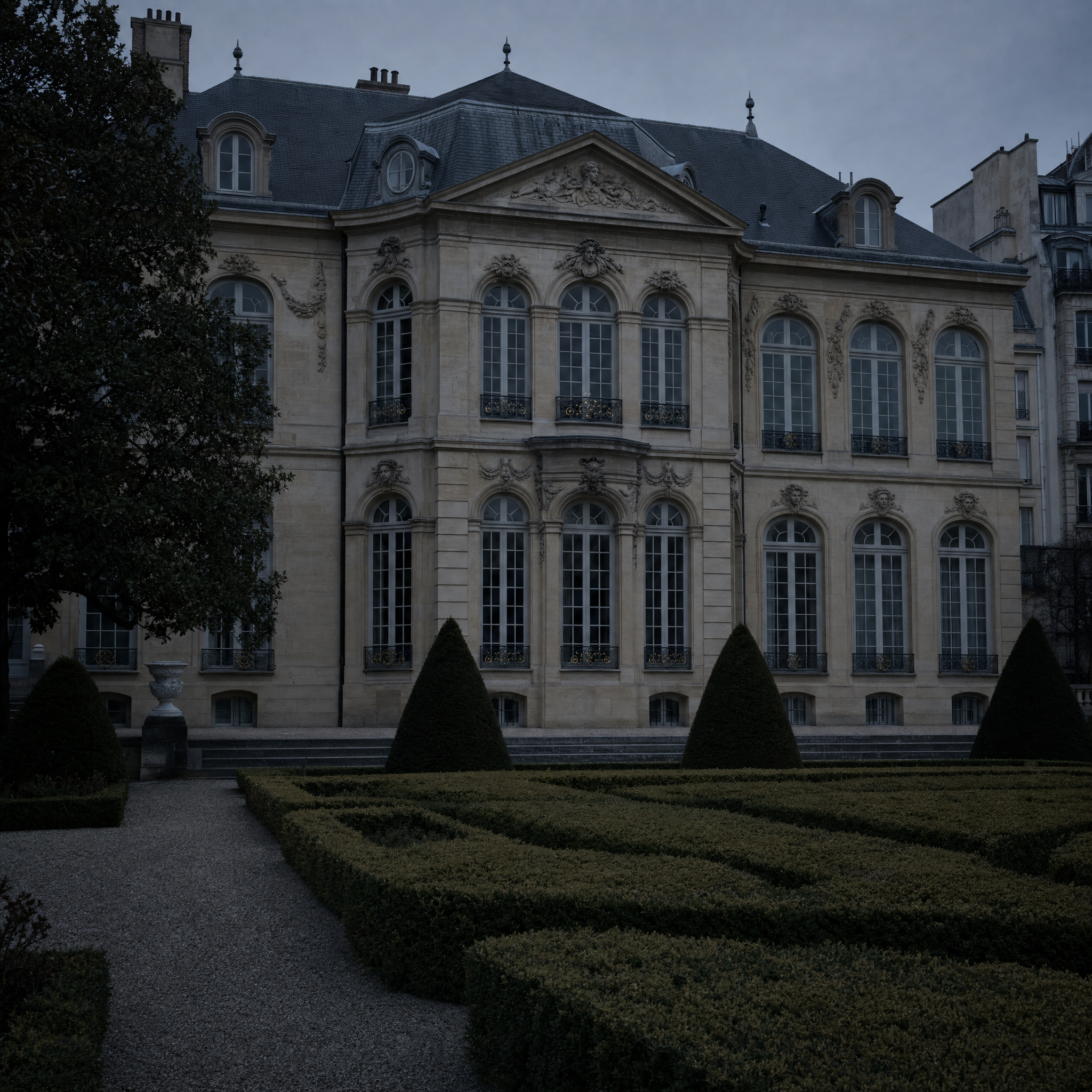 The garden front of the Hôtel Biron at dusk, seen across the clipped parterre