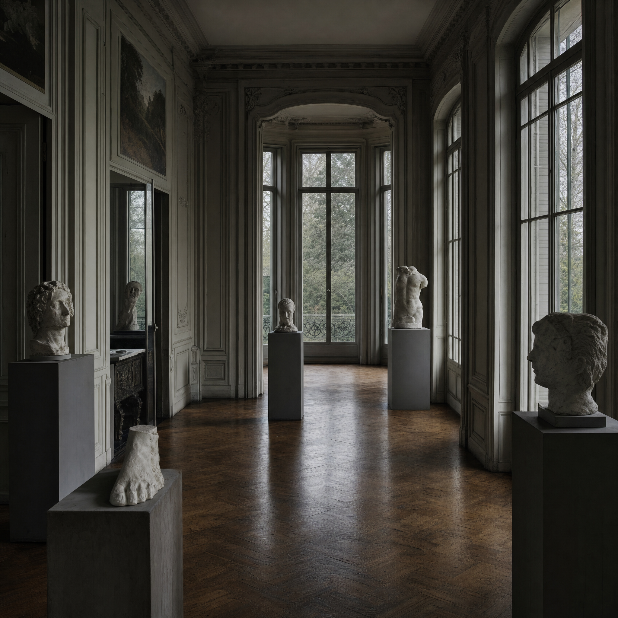 A panelled gallery of plaster casts lit by tall garden windows
