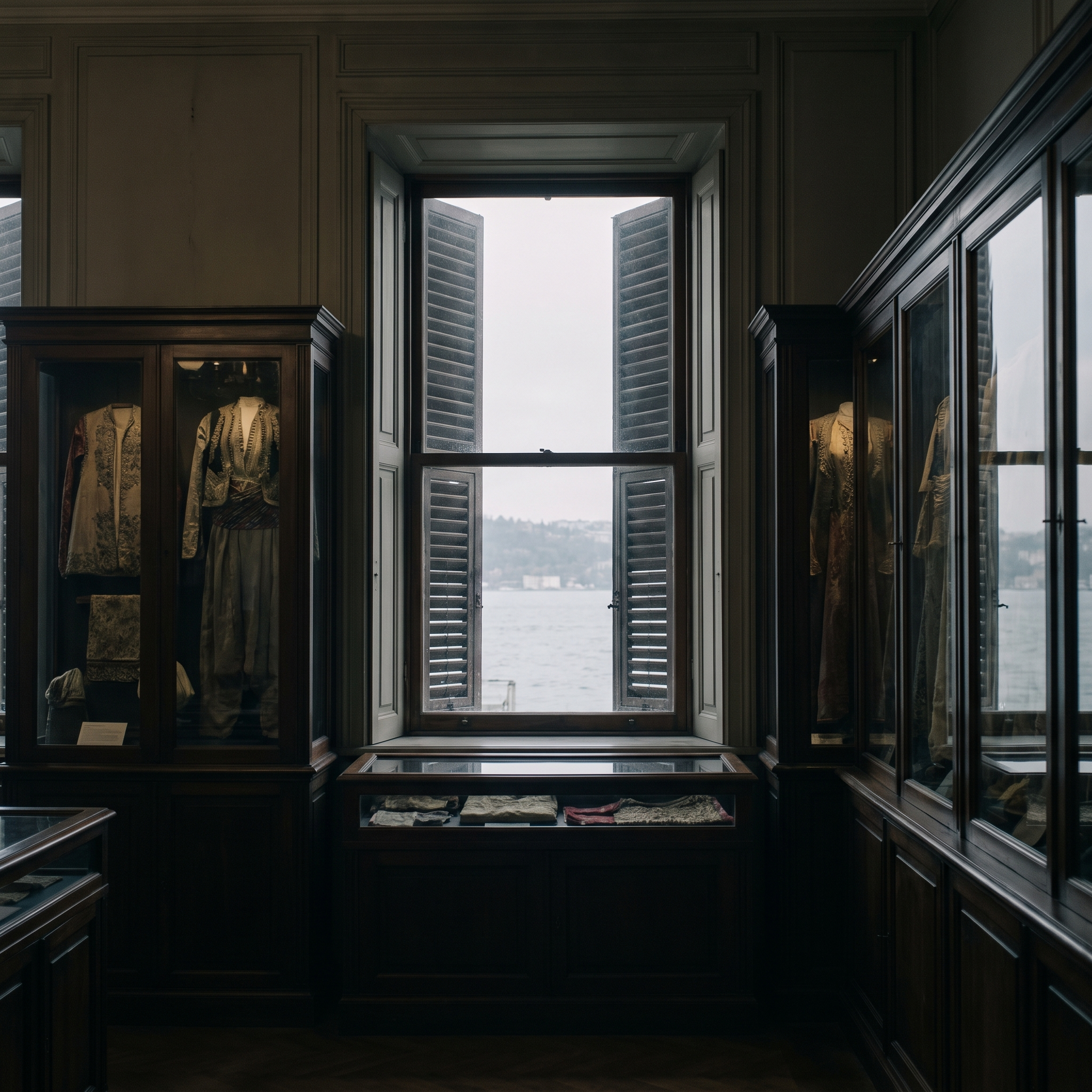 Costume and embroidery cases in a panelled room facing the water