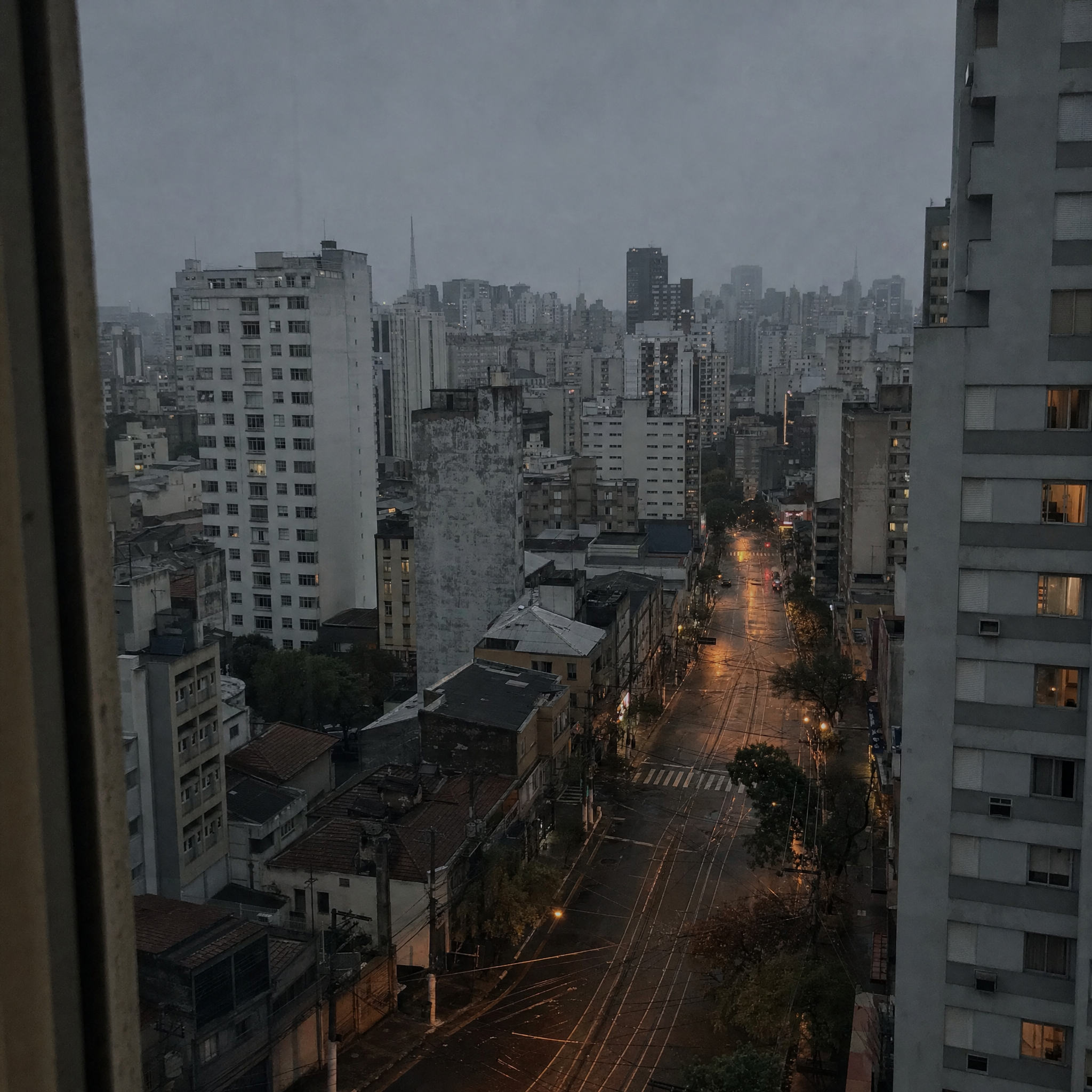 São Paulo apartment towers receding into grey haze at dusk, wet avenue below