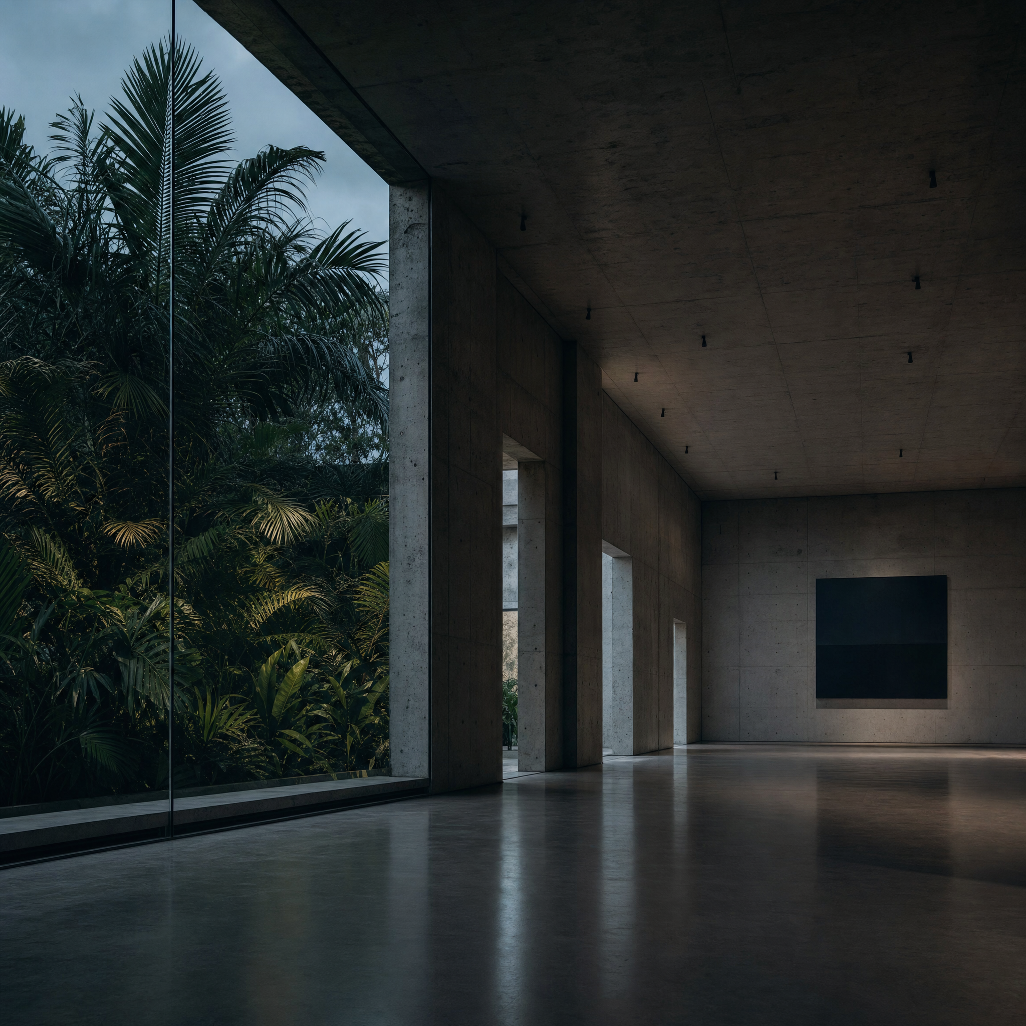 An empty concrete gallery hall with a full-height window onto dark tropical foliage