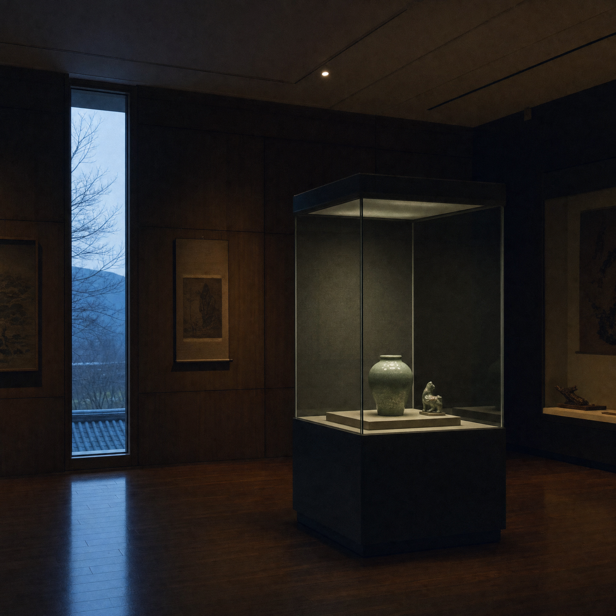 A dim panelled gallery with a single lit case and a polished dark floor