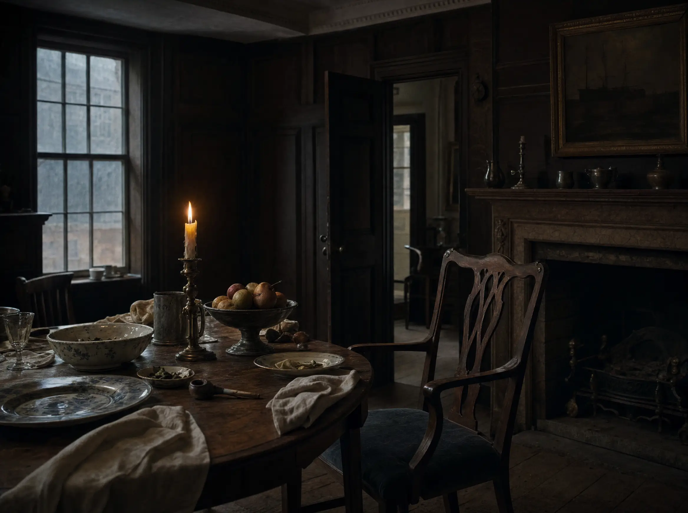 A candlelit eighteenth-century dining room, the table half-cleared and a chair pushed back
