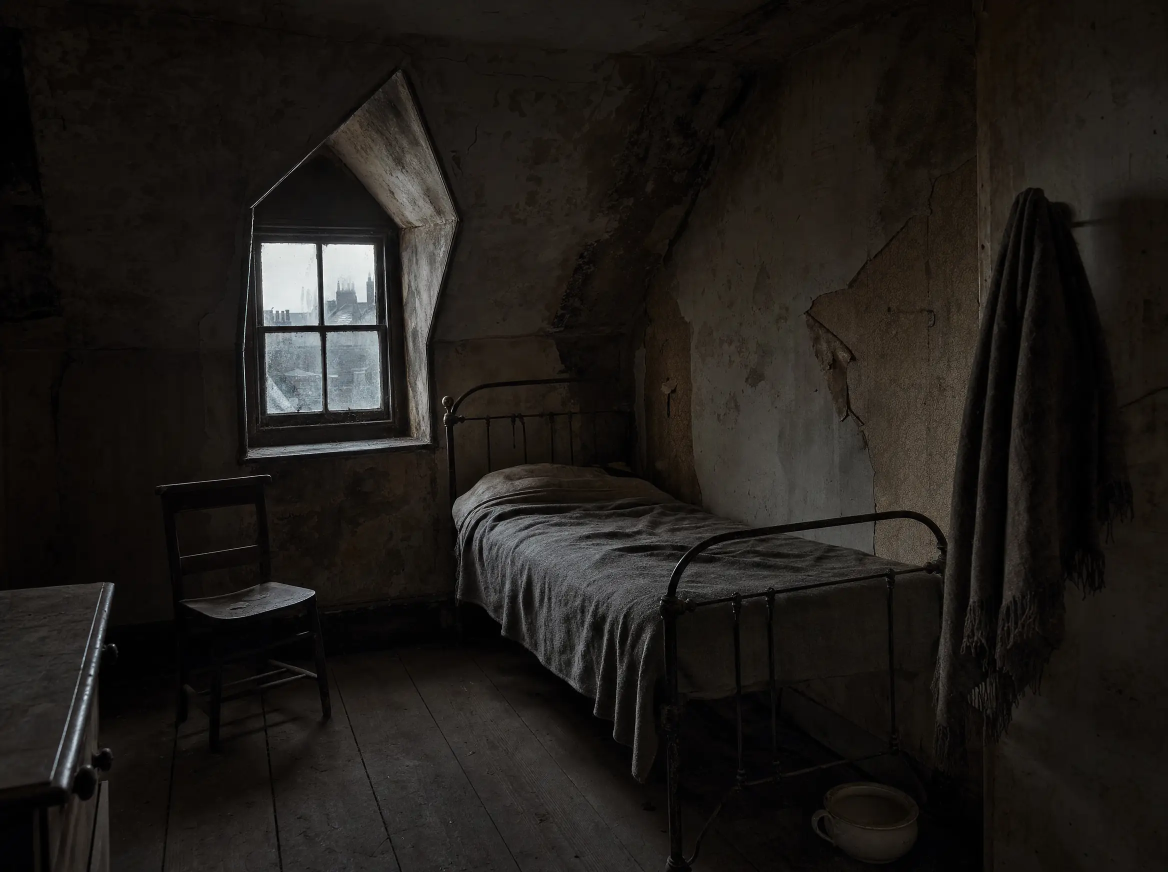 The cold attic garret, bare boards and a grimy dormer