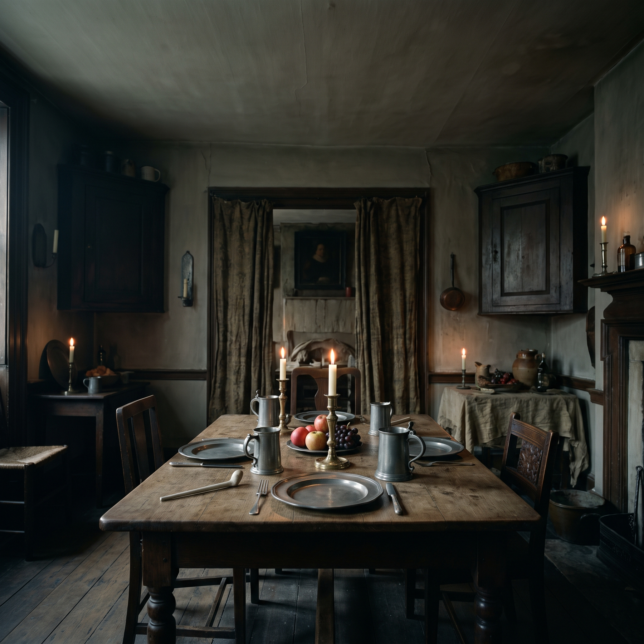 The candlelit table with pewter, fruit and a clay pipe
