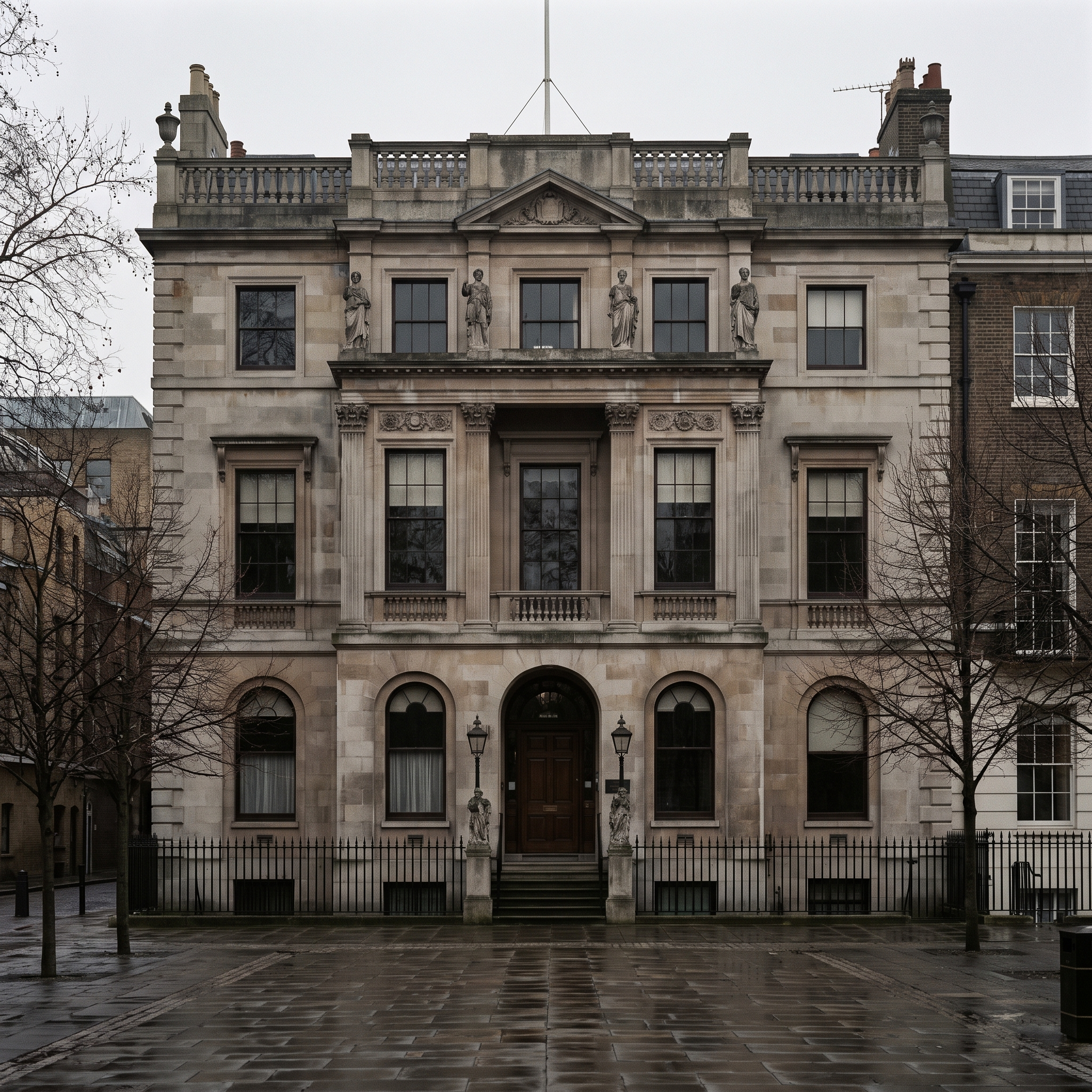 The projecting Portland stone facade of 13 Lincoln's Inn Fields read straight on from the square