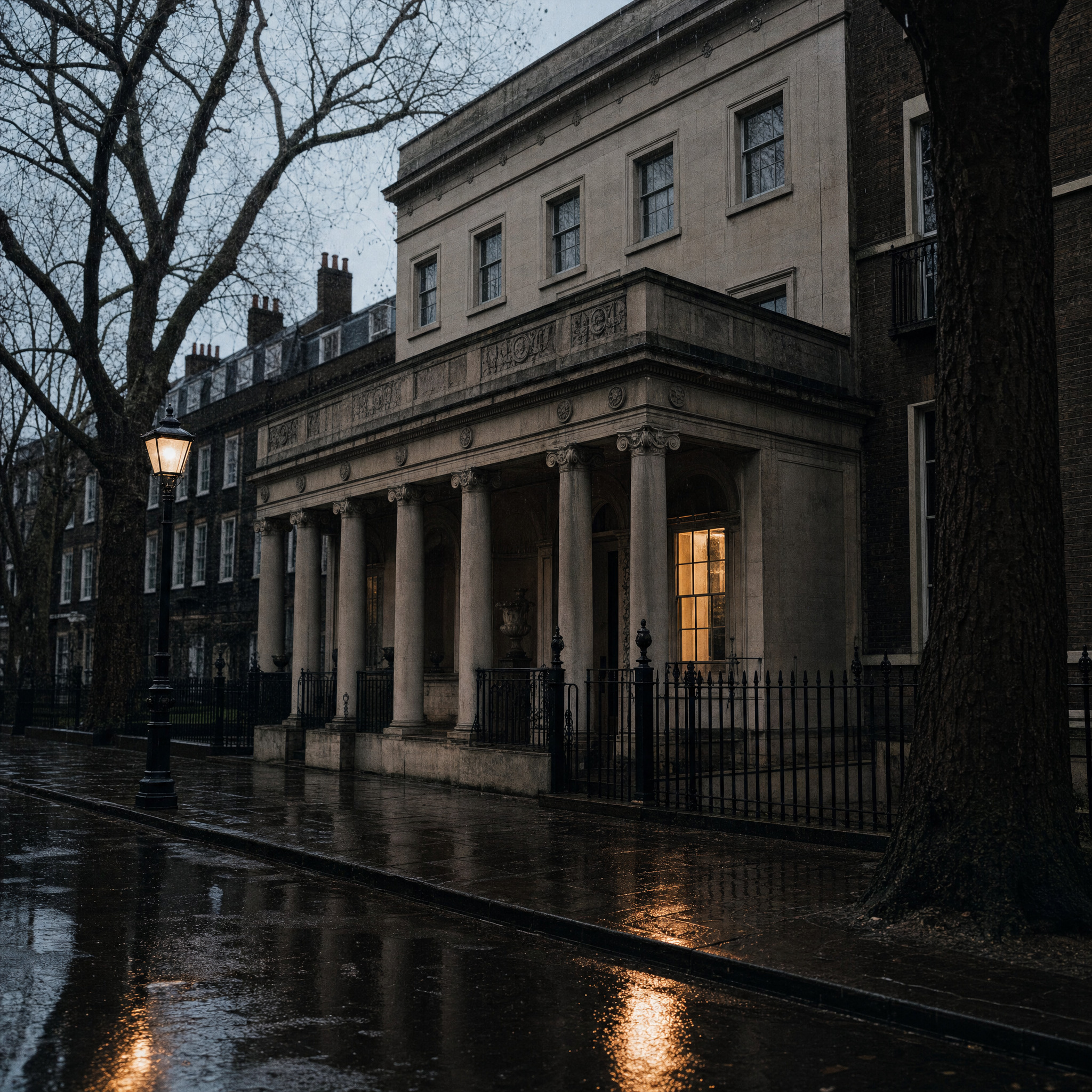 The stone loggia front of Sir John Soane's Museum on Lincoln's Inn Fields in the rain at dusk