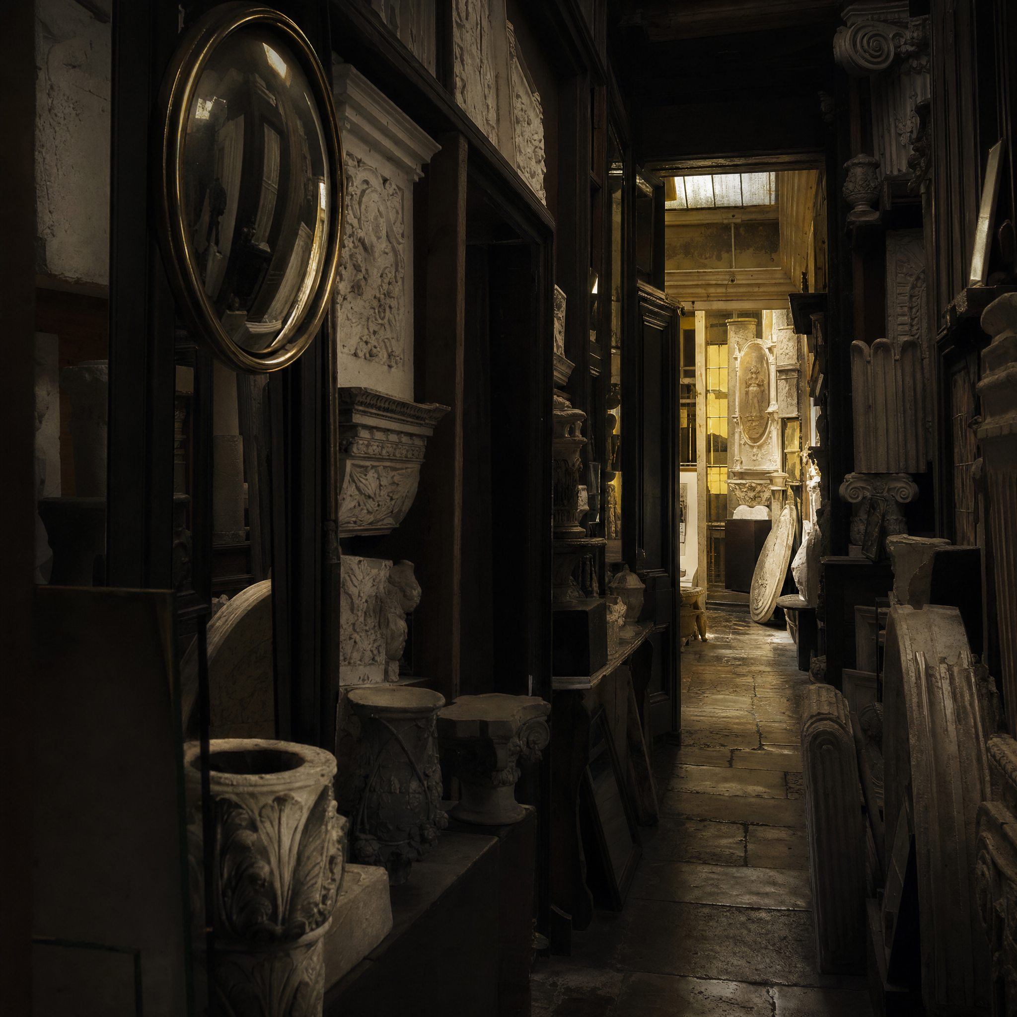 A narrow dark passage crowded with plaster casts, a convex mirror catching borrowed light