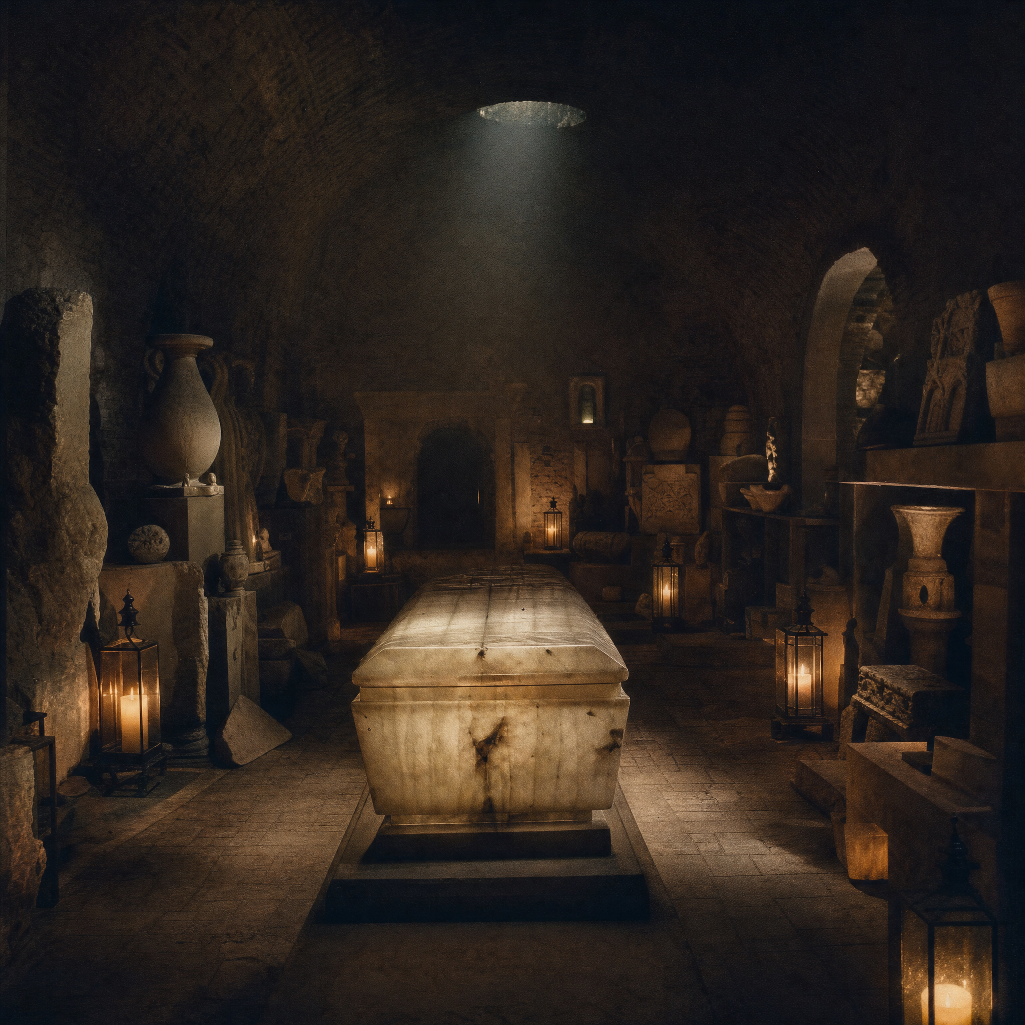 A lamplit basement chamber crowded with pale carved stone