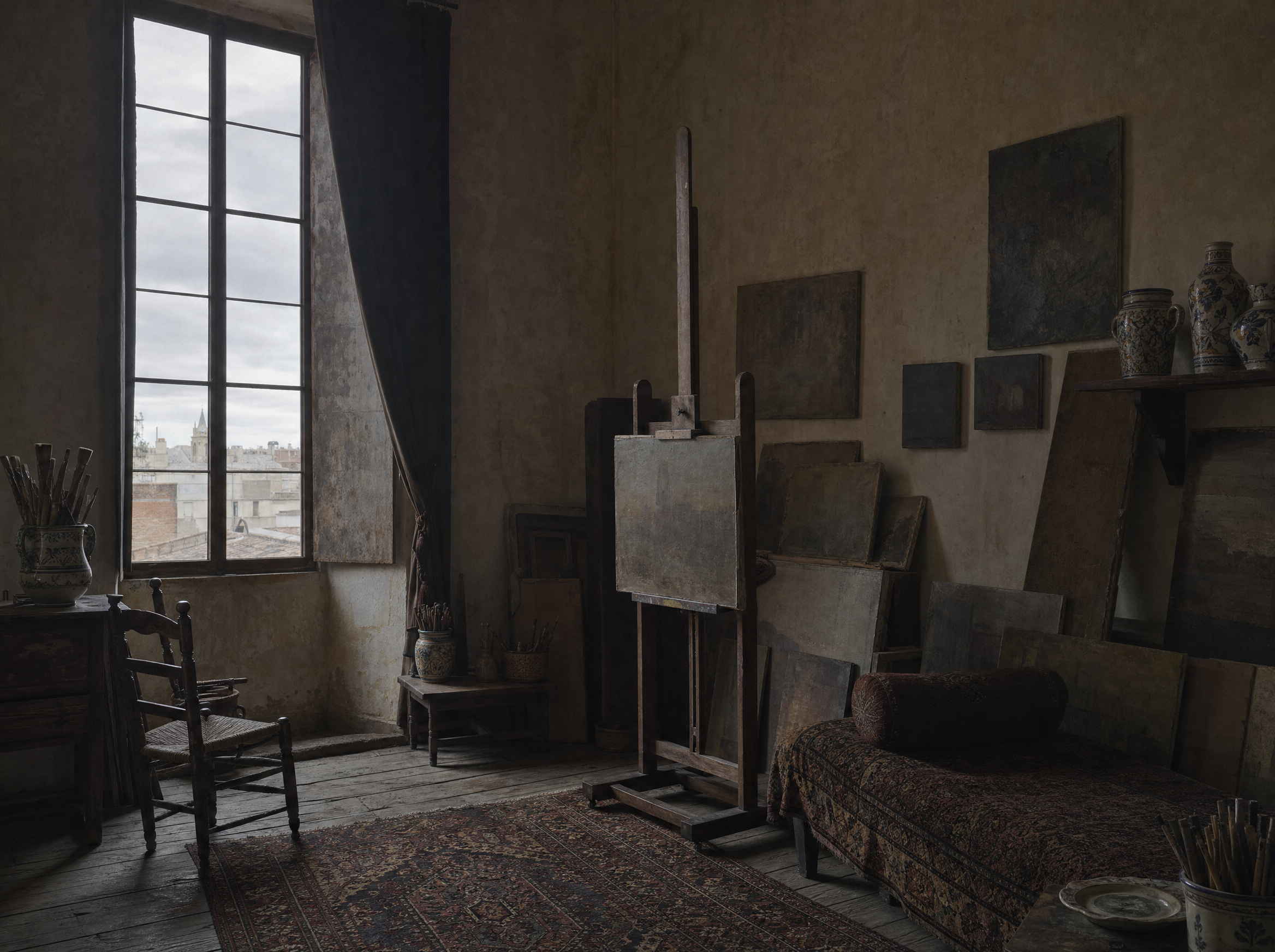 The painter's studio: a tall curtained window, an easel, canvases stacked against ochre walls