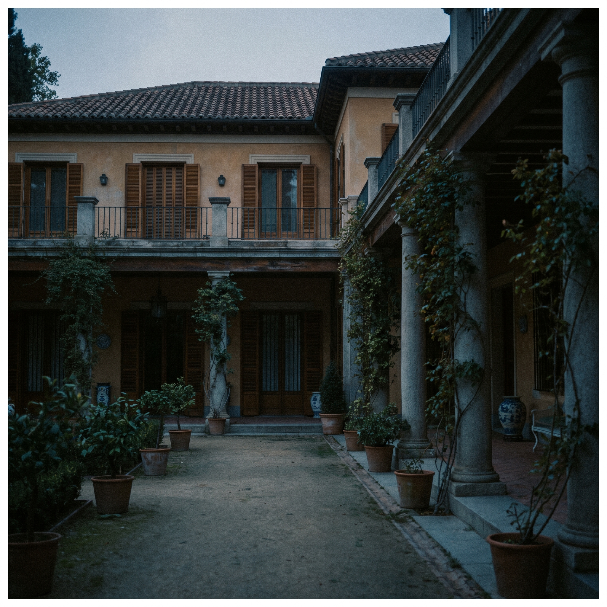The garden facade and portico of the Sorolla house at dusk