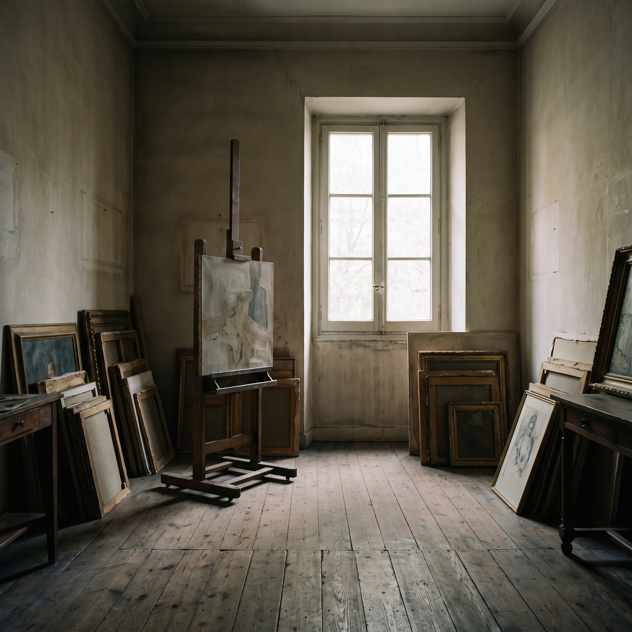 The studio interior: easel, canvases, worn floor, a single tall window