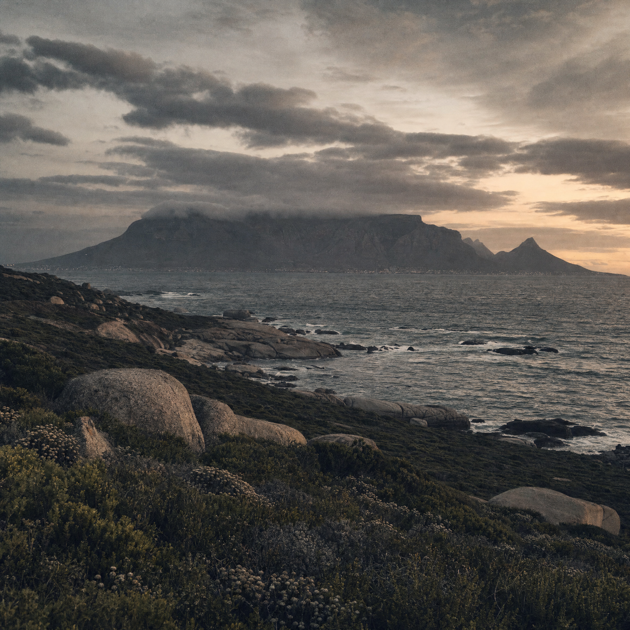 Fynbos scrub and granite boulders above a cold grey Atlantic at dusk, a flat-topped mountain in the distance