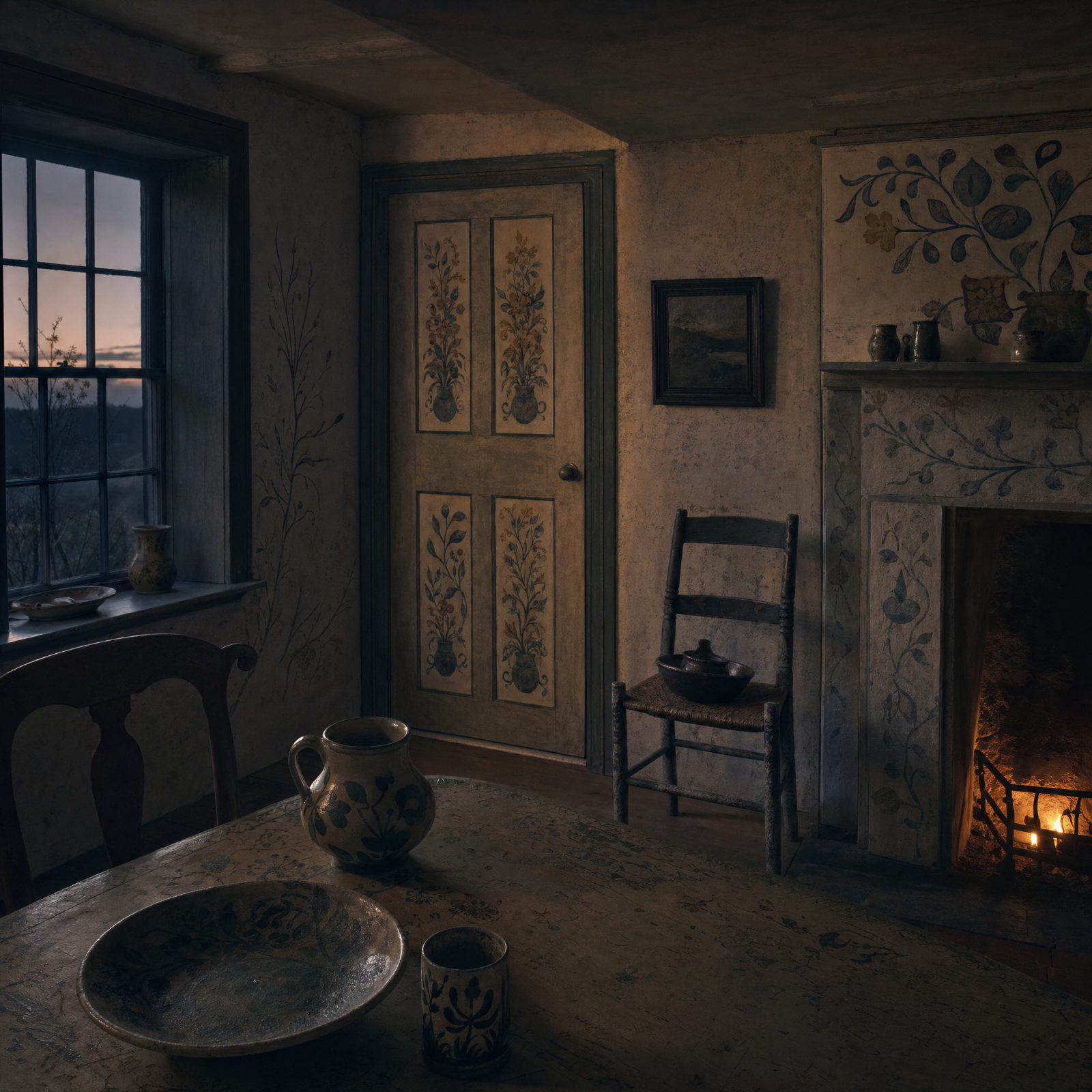A painted farmhouse room at dusk with the downland beyond the window