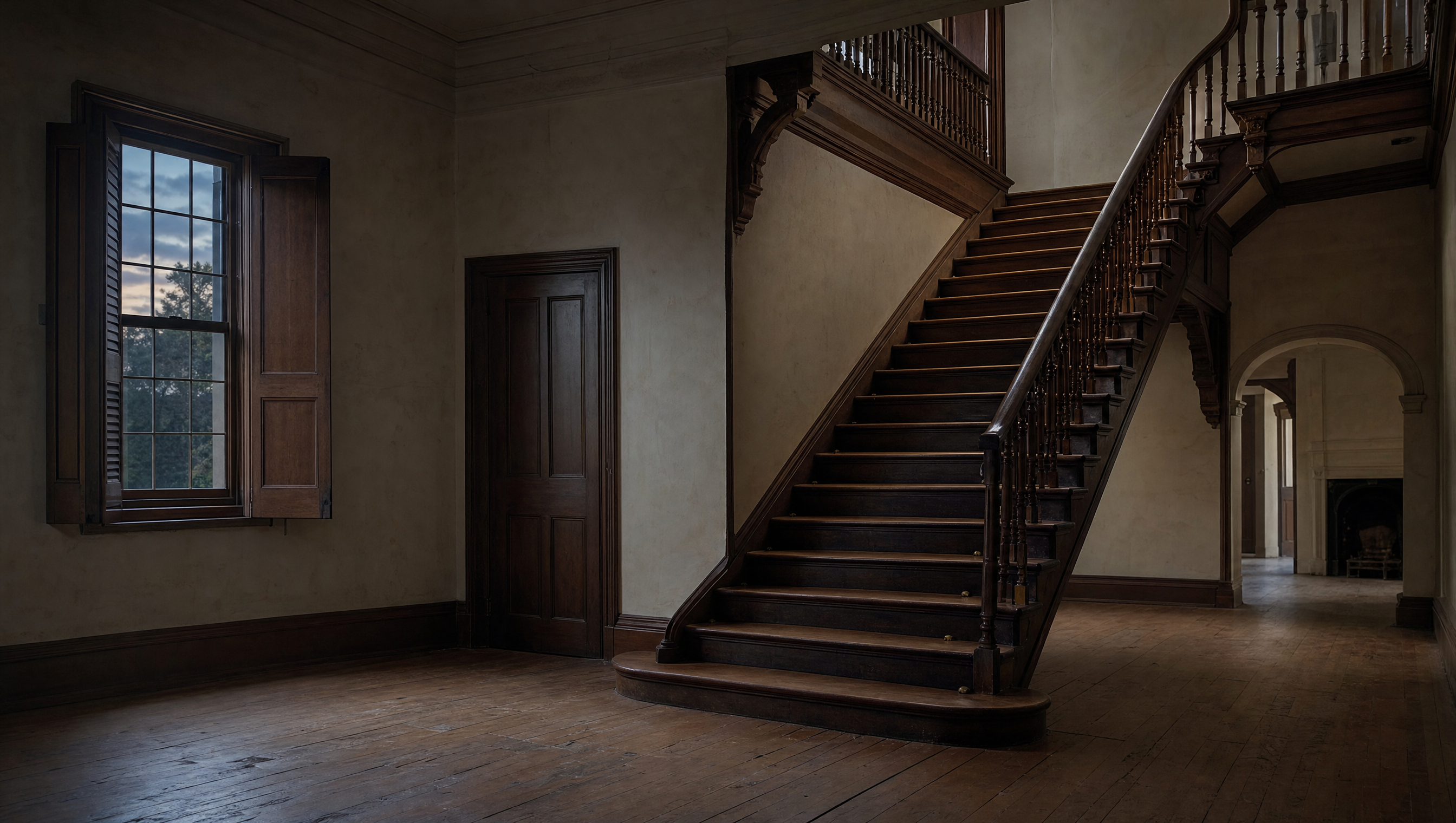 An empty colonial villa hall with a curved cedar staircase in cold evening light
