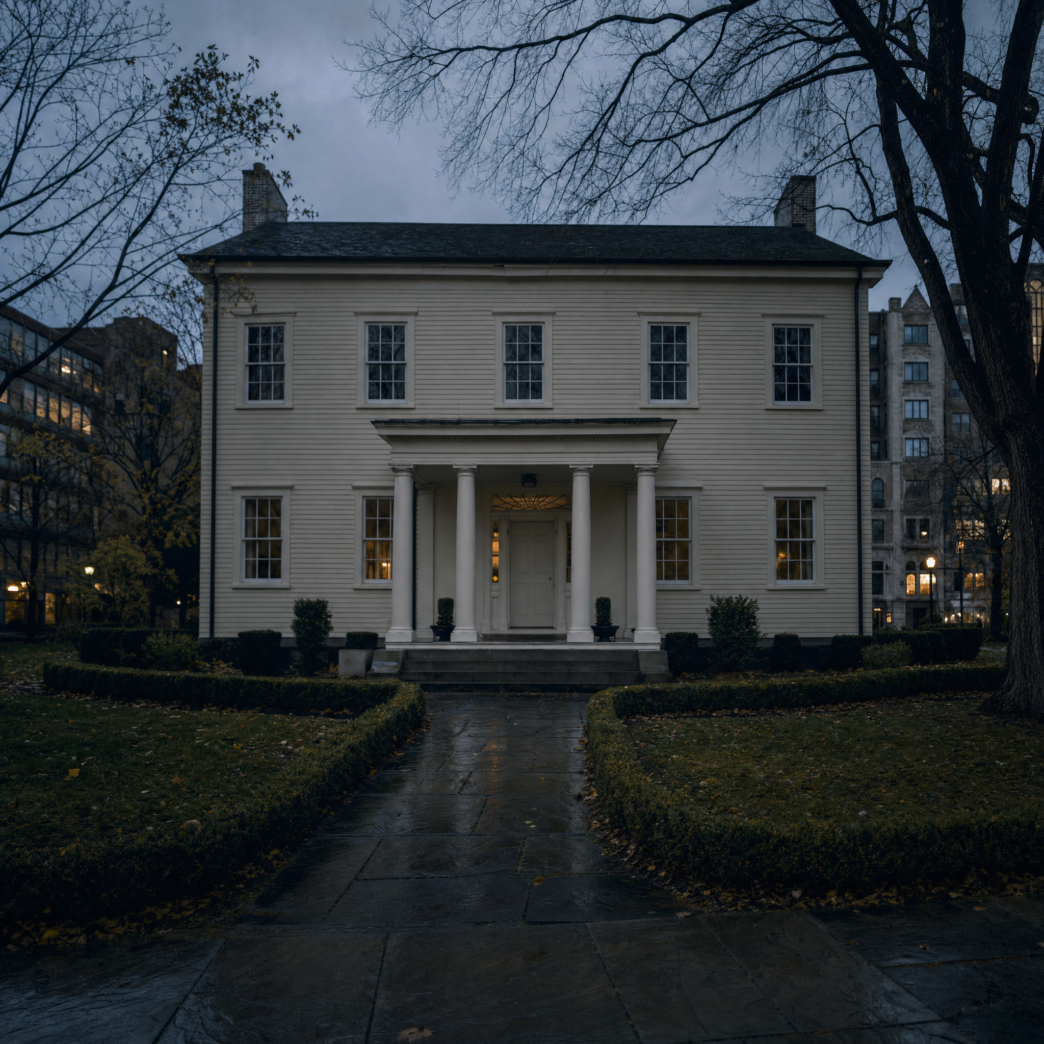 The pale Federal facade of the Taft Museum of Art behind its lawn at dusk